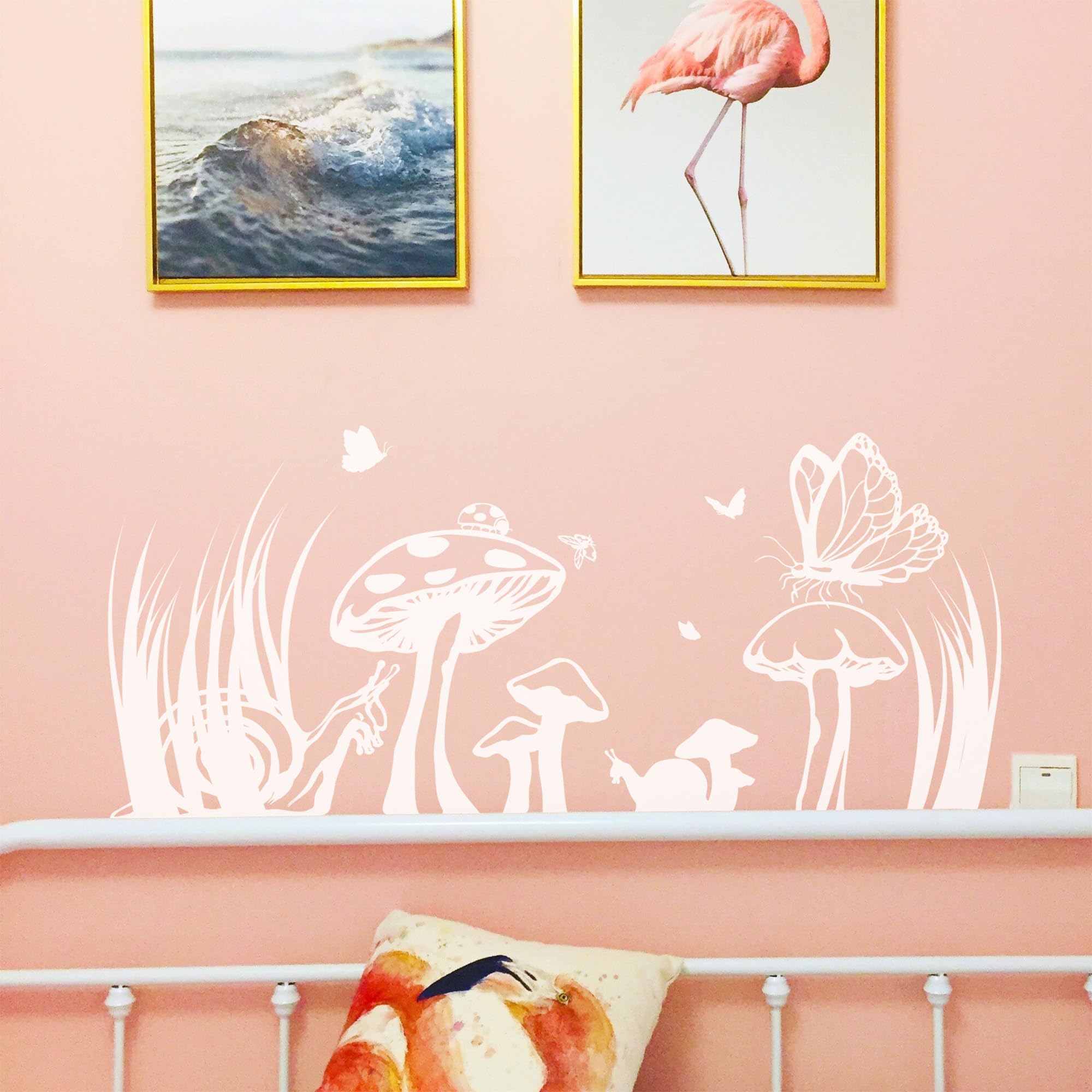 Field of Mushroom Wall Decal Sticker with Snails & Butterflies - Nature Inspired Bedroom Home Decor for Kids Room & Nursery | Peel and Stick Wall Art