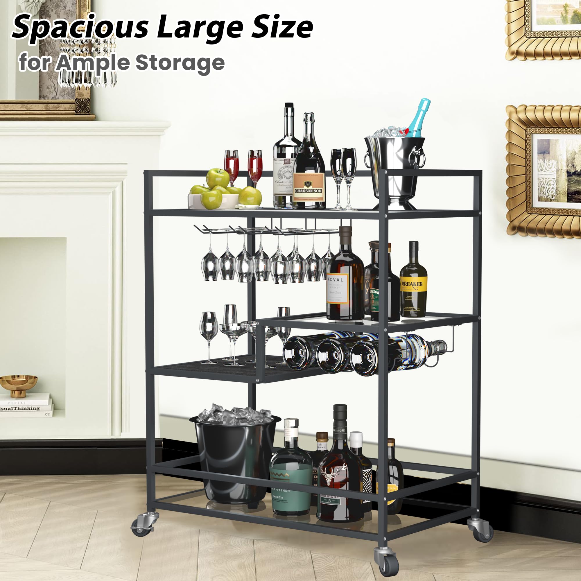 SULIVES 4-Tier Black Bar Cart with Wheels - Rolling Serving Cart with Wine Rack & Tempered Glass Holder - Lockable Mobile Bar Cabinet for Kitchen, Dining Room, Party, Home Bar, Office or Outdoor Entertaining