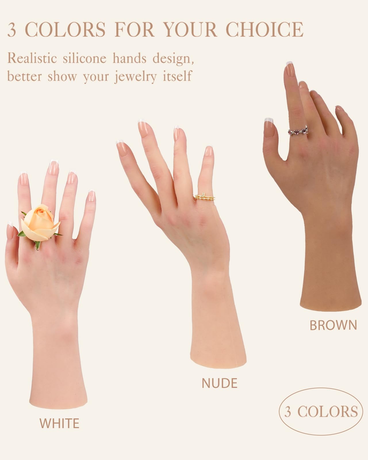 Realistic Silicone Female Hand Model - 1 Pair with Skeleton & Nails for Jewelry Display, Tattoo Training, Art Sketch Practice | Perfect for Jewelry Stores, Tattoo Studios & Art Classrooms (White)