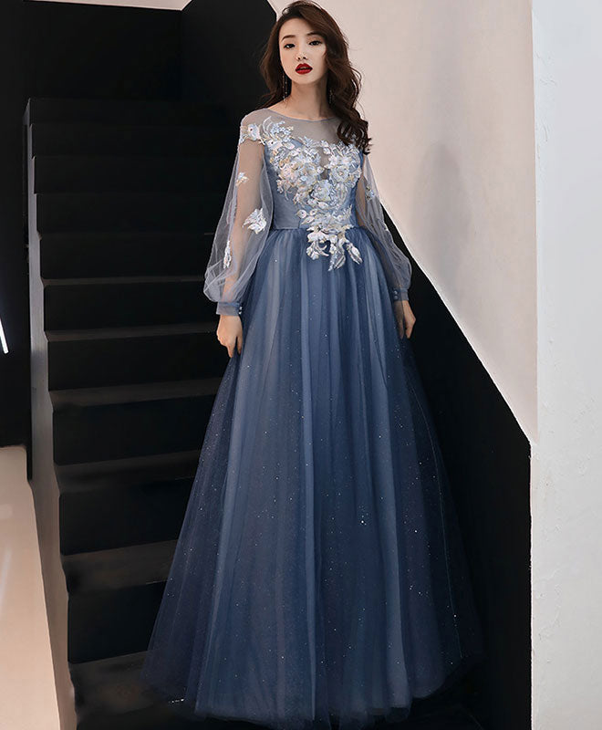 Elegant Blue Round Neck Tulle Lace Long Prom Dress for Women - Formal Evening Gown for Homecoming, Ball, Wedding & Special Occasions