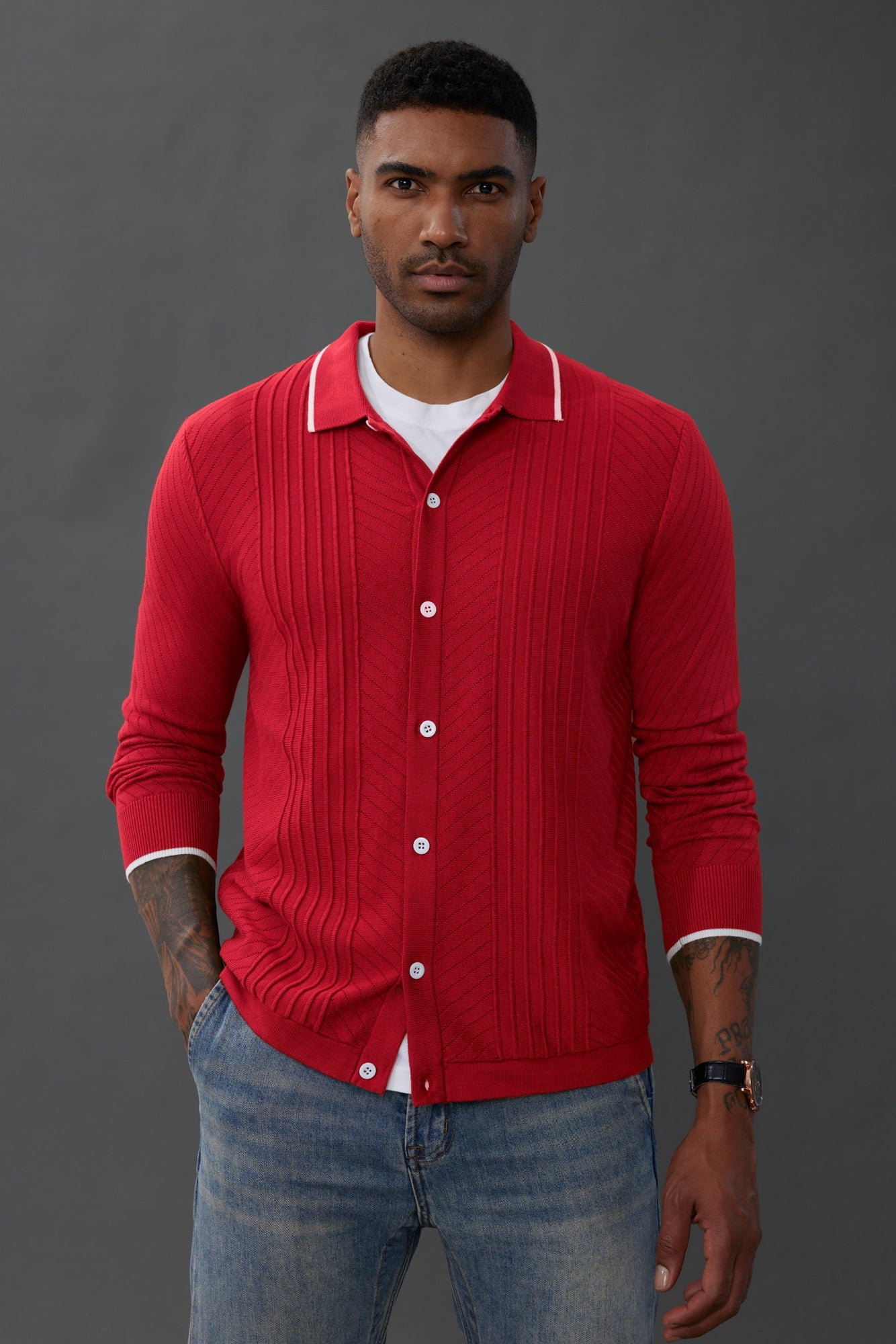 Men's Cable Knit Button Down Long Sleeve Cardigan Sweater with Polo Collar - Casual Office Wear & Winter Layering Essential