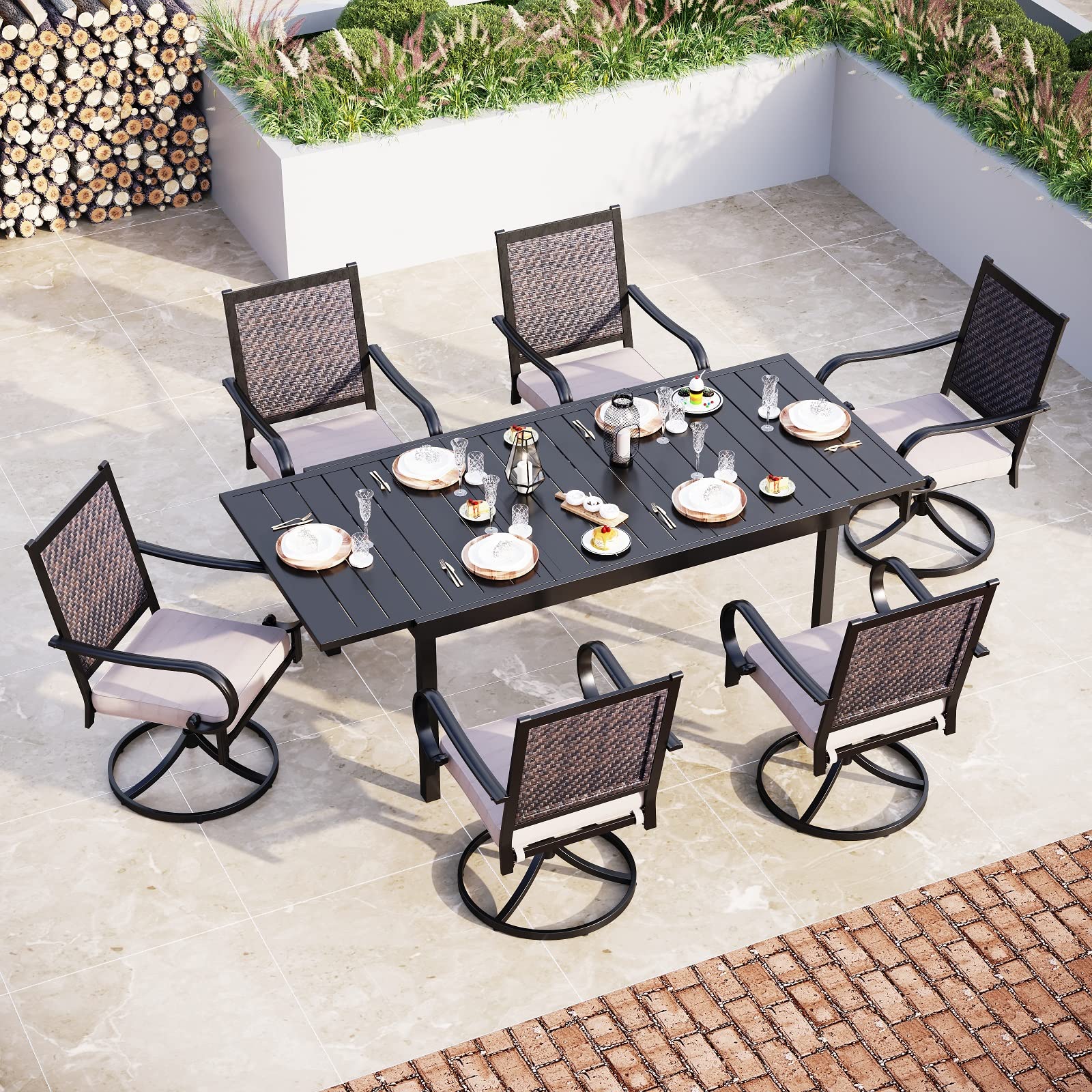 Sophia & William 7-Piece Patio Dining Set - Weather-Resistant Rattan Wicker Furniture with 6 Cushioned Chairs & Expandable Metal Table for Outdoor, Garden, Backyard | Perfect for BBQs, Family Gatherings & Summer Entertaining