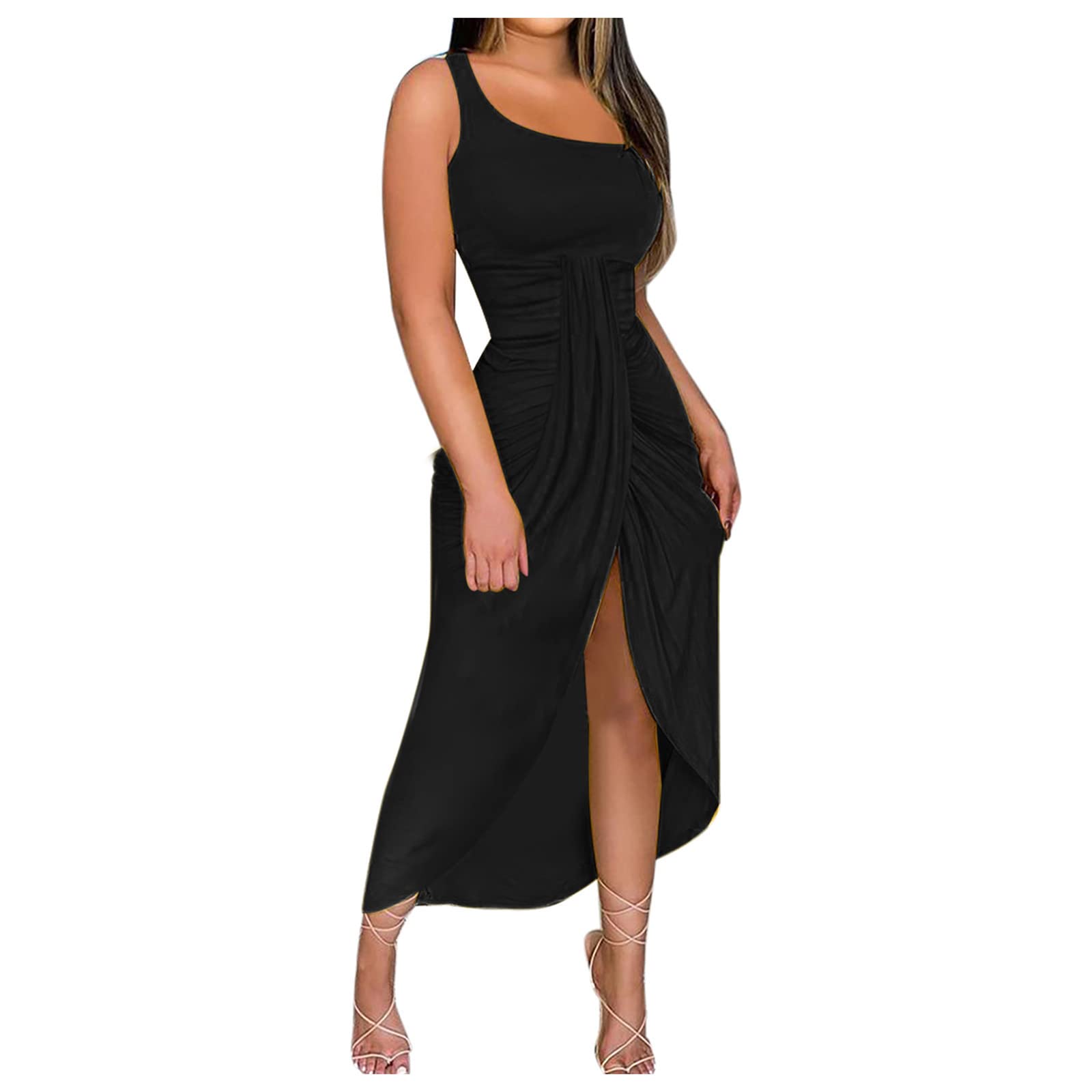 Sexy Women's High Low Dress - One Shoulder High Slit Summer Sundress for Beach, Party & Evening Wear | Elegant Solid Color Long Dress Cover Up