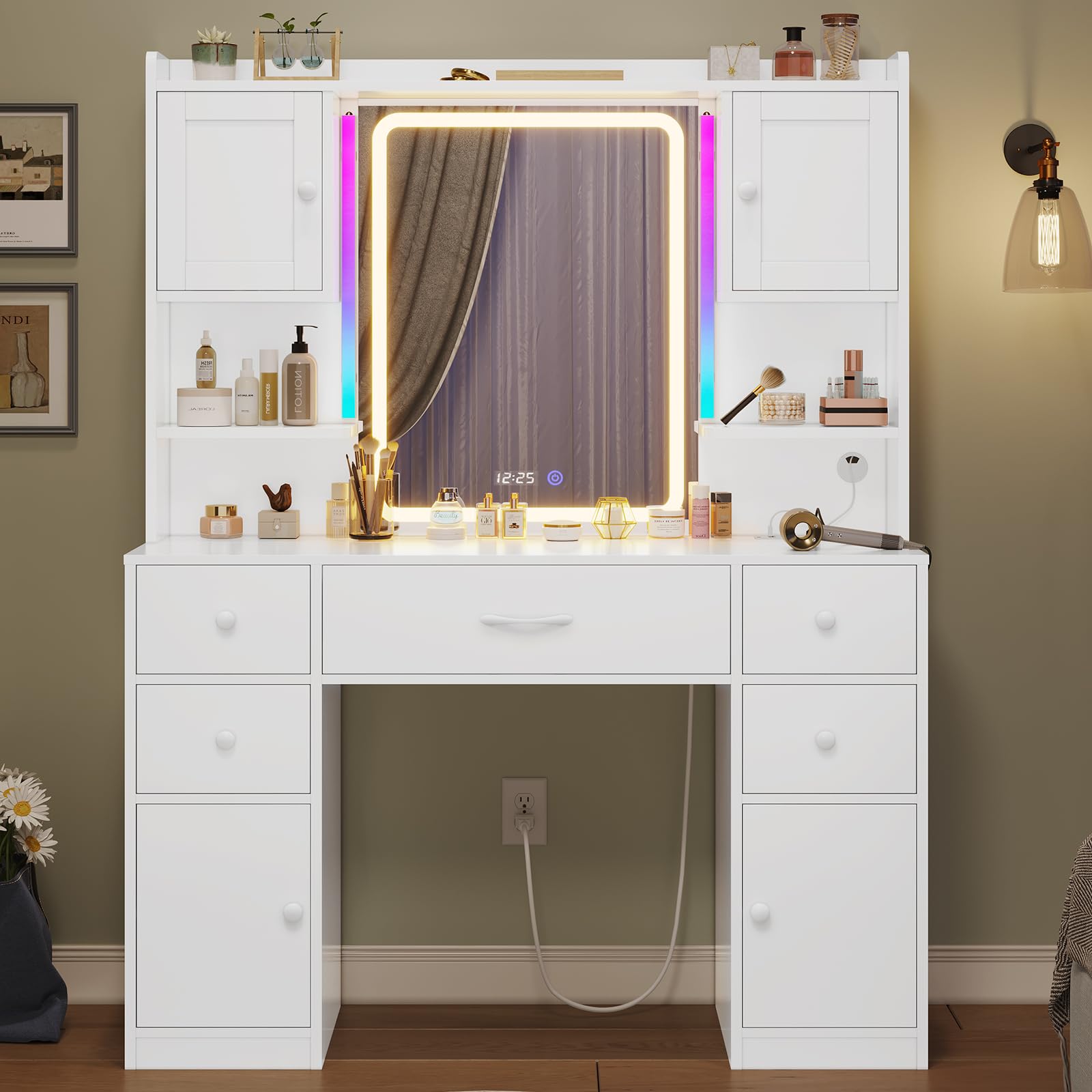 Tiptiper Large Vanity Desk with Mirror & LED Lights - Makeup Vanity Table with USB Charging Station, Smart Mirror with Time Display & 5 Storage Drawers - Perfect for Bedroom, Dressing Room & Home Salon (White)
