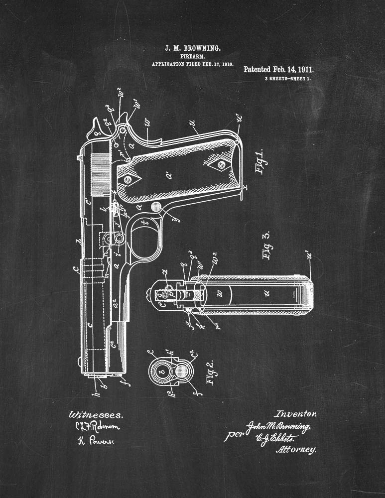 Vintage Colt 1911 Gun Patent Print Chalkboard - 8.5 x 11 Inches - Retro Firearm Decor for Man Cave, Office & Shooting Range - Perfect Gift for Gun Enthusiasts & Collectors