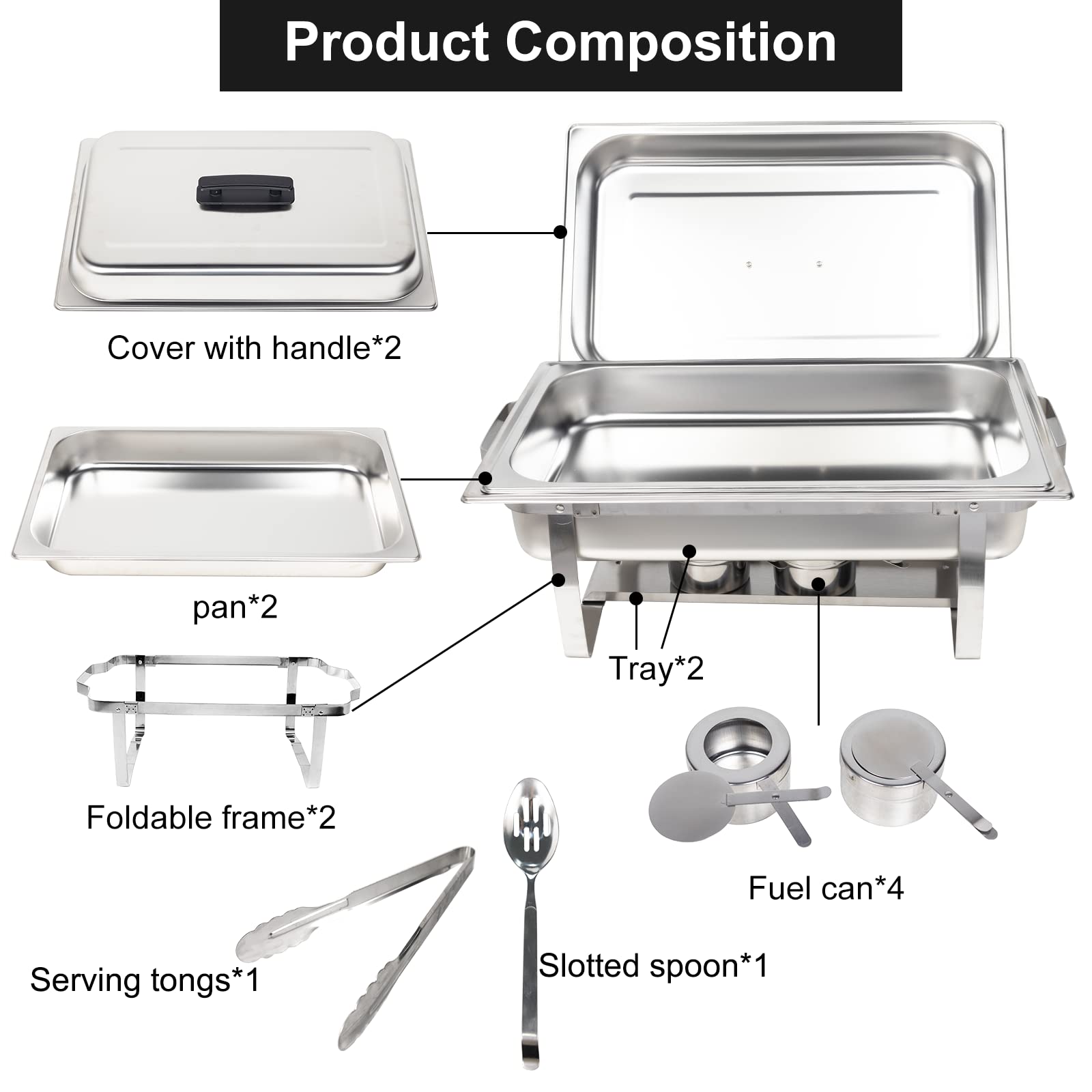 8QT Stainless Steel Chafing Dish Buffet Set with Foldable Frame, Water Pan & Lid - Perfect for Catering, Weddings, Banquets & Buffet Service (2-Pack) | Keep Food Warm at Parties, Events & Dining Gatherings