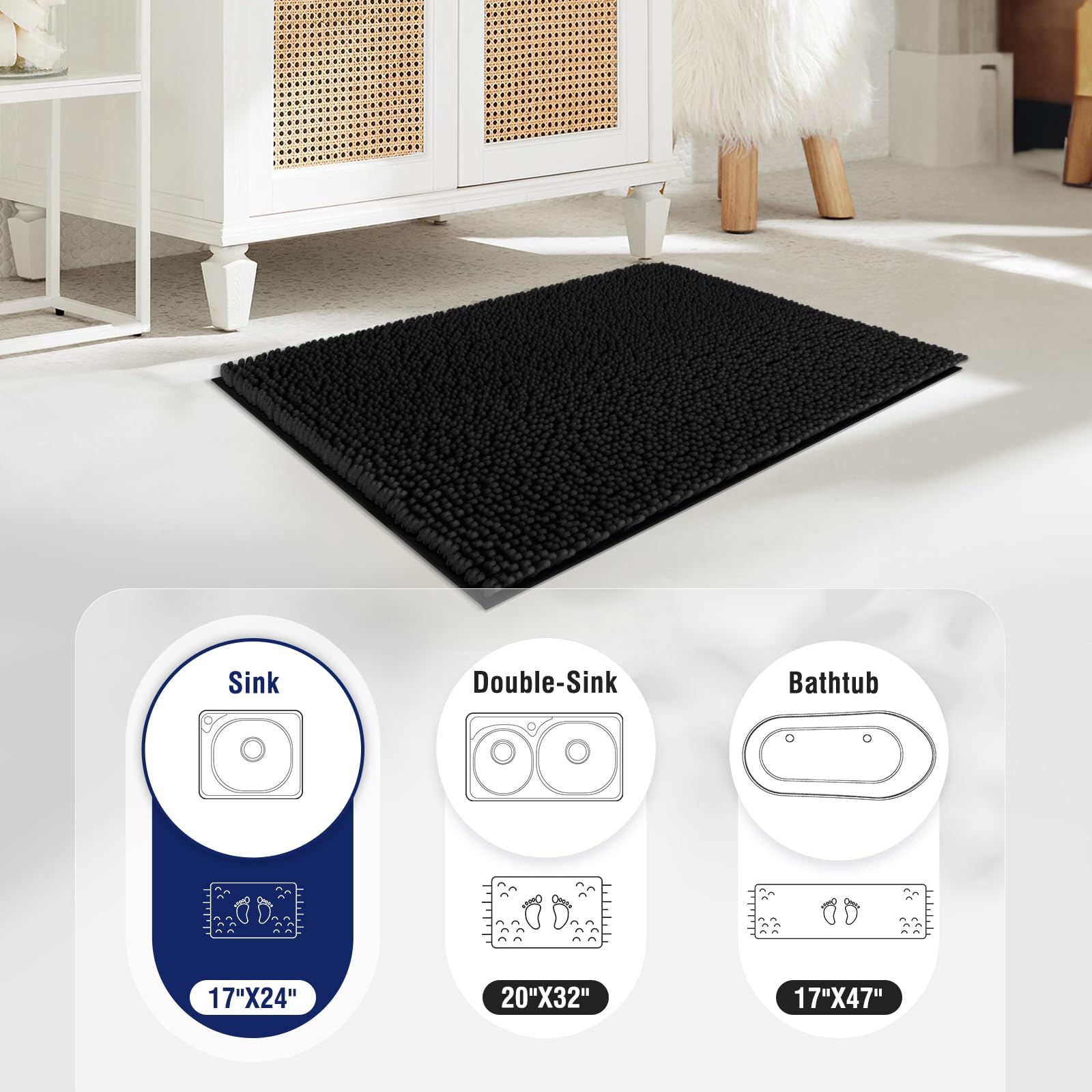 **TECHMILLY Soft Fluffy Chenille Bathroom Rugs - Non-Slip Absorbent Bath Mats for Bathroom, Washable & Quick Dry, Black, 17
