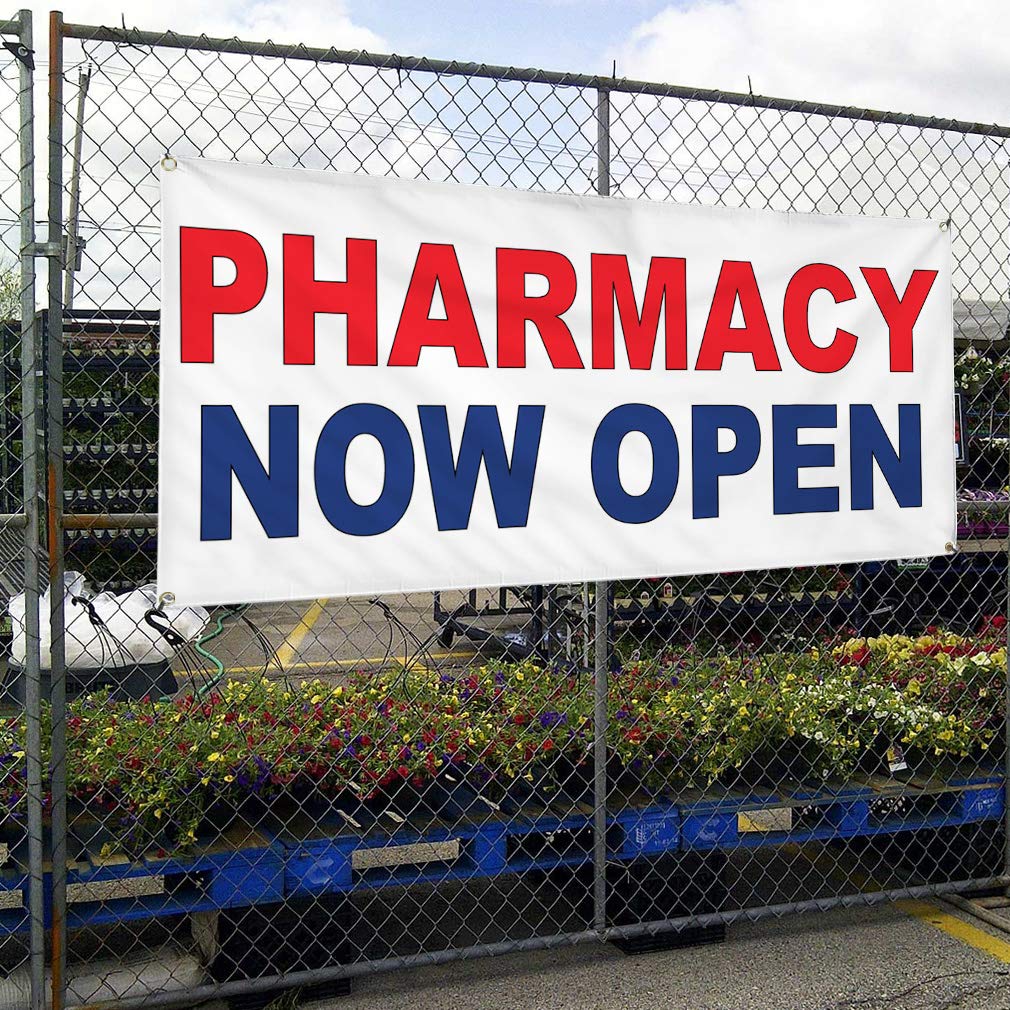 Pharmacy Now Open Vinyl Banner - Weatherproof Outdoor Business Sign with 8 Grommets (48x96 Inches) - Red & Blue Industrial Yard Sign for Storefronts, Grand Openings & Promotions