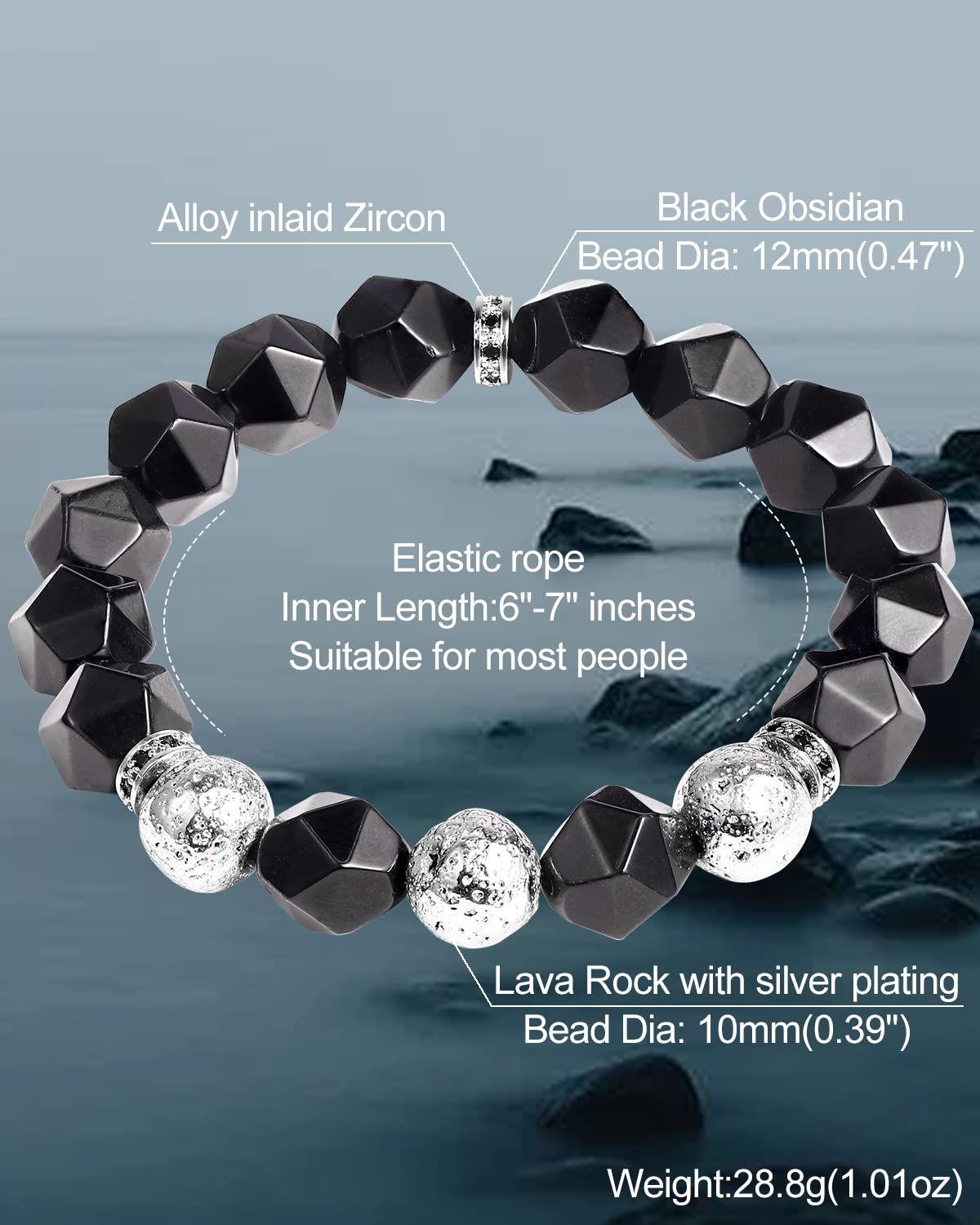 Black Obsidian & Silver Lava Stone Bracelet for Men - Essential Oil Diffuser, Yoga & Meditation Beaded Stretch Bracelet - Perfect for Stress Relief, Spiritual Healing & Everyday Wear