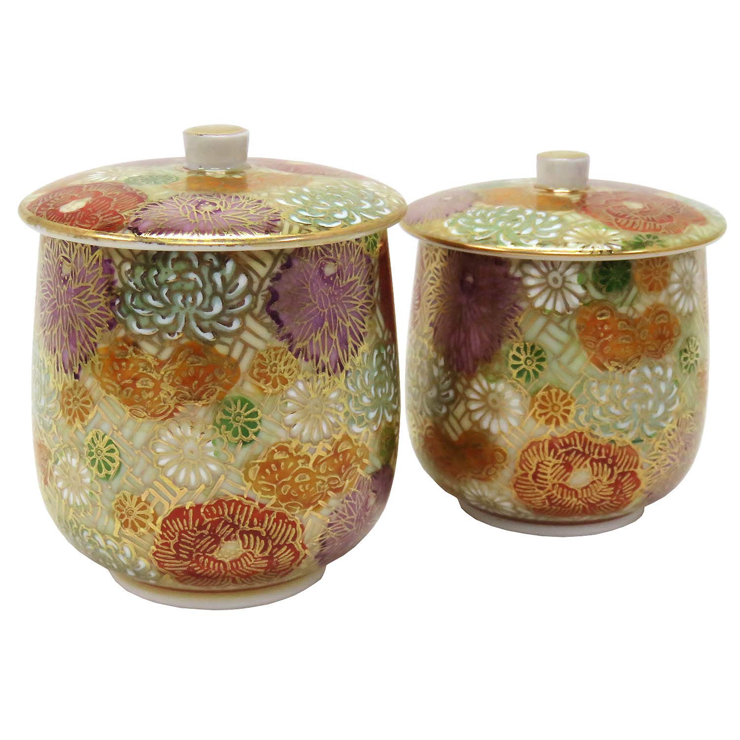 Exquisite Pair of Japanese Kutani Yaki Yunomi Tea Cups with Floral Design - Perfect for Matcha, Green Tea Ceremonies & Home Decor