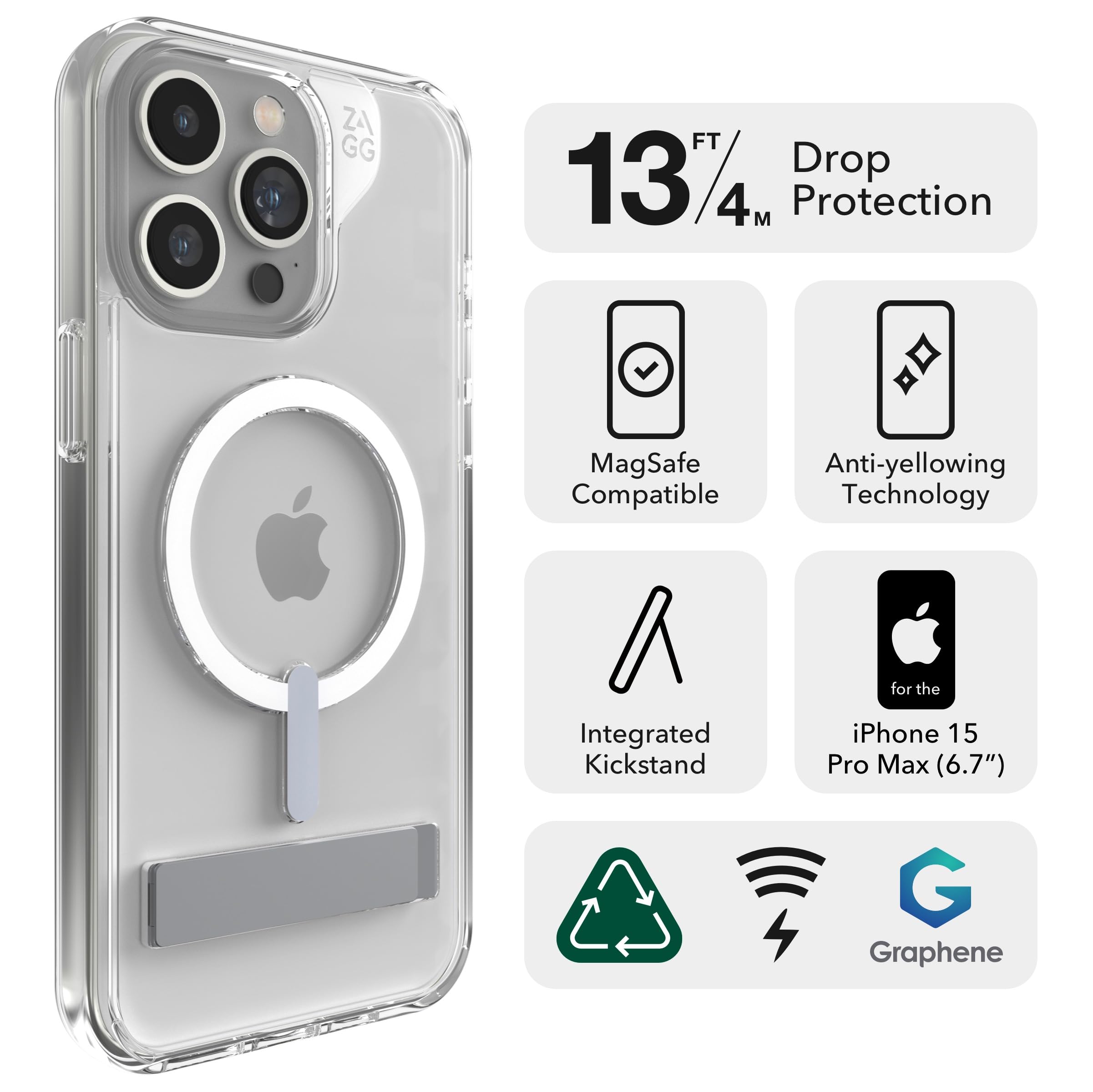 ZAGG Crystal Palace Snap iPhone 15 Pro Max Clear Protective Case with Built-in Kickstand - 13ft Drop Protection, Durable Graphene, Anti-Yellowing & Scratch-Resistant MagSafe Compatible Case for Work, Travel & Everyday Use