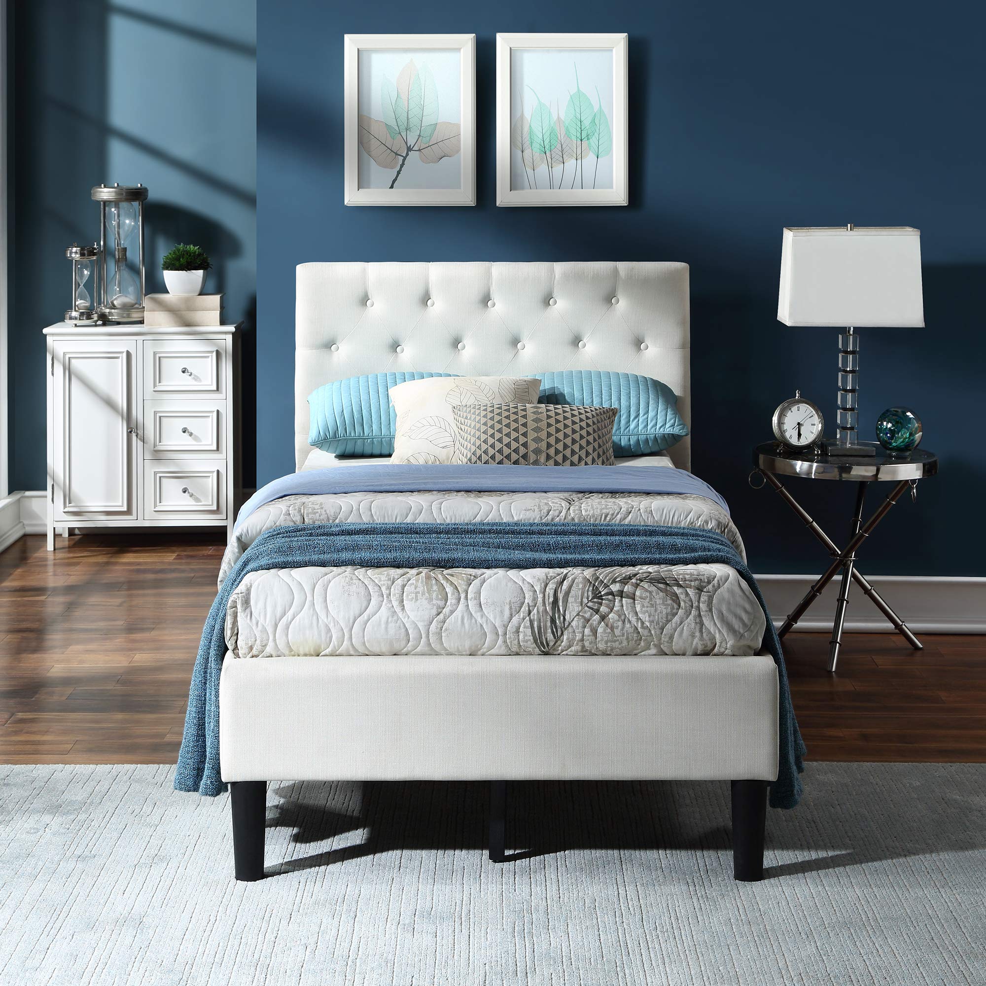 **Modern Twin Platform Bed with Trundle - Solid Wood Bed Frame with Headboard, No Box Spring Needed, Beige - Perfect for Kids' Rooms, Guest Bedrooms & Small Spaces**