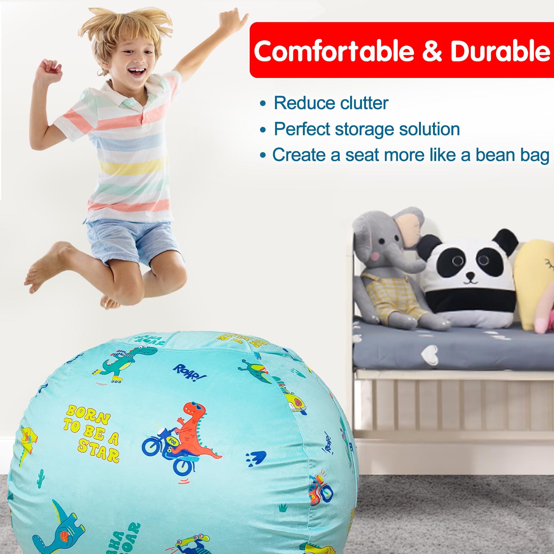Lukeight Dinosaur Stuffed Animal Storage Bean Bag Chair Cover - Large Dino Blue for Kids & Toddlers | Organize Plush Toys in Bedroom, Playroom & Nursery | Soft, Durable & Washable Fabric