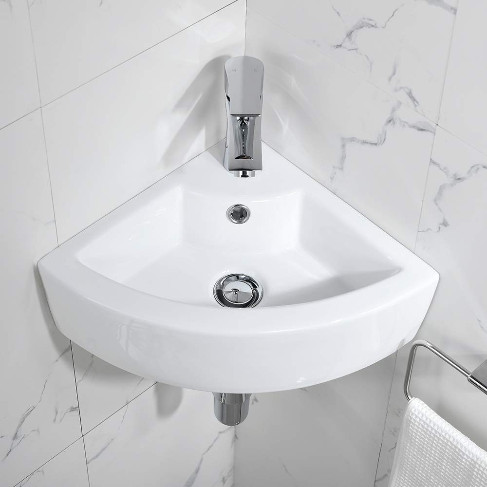 Bokaiya 18x13 Inch White Porcelain Corner Wall Mount Bathroom Sink with Overflow - Space Saving Triangle Vessel Sink for Small Bathrooms, Includes Faucet - Perfect for Apartments, Tiny Homes & Powder Rooms