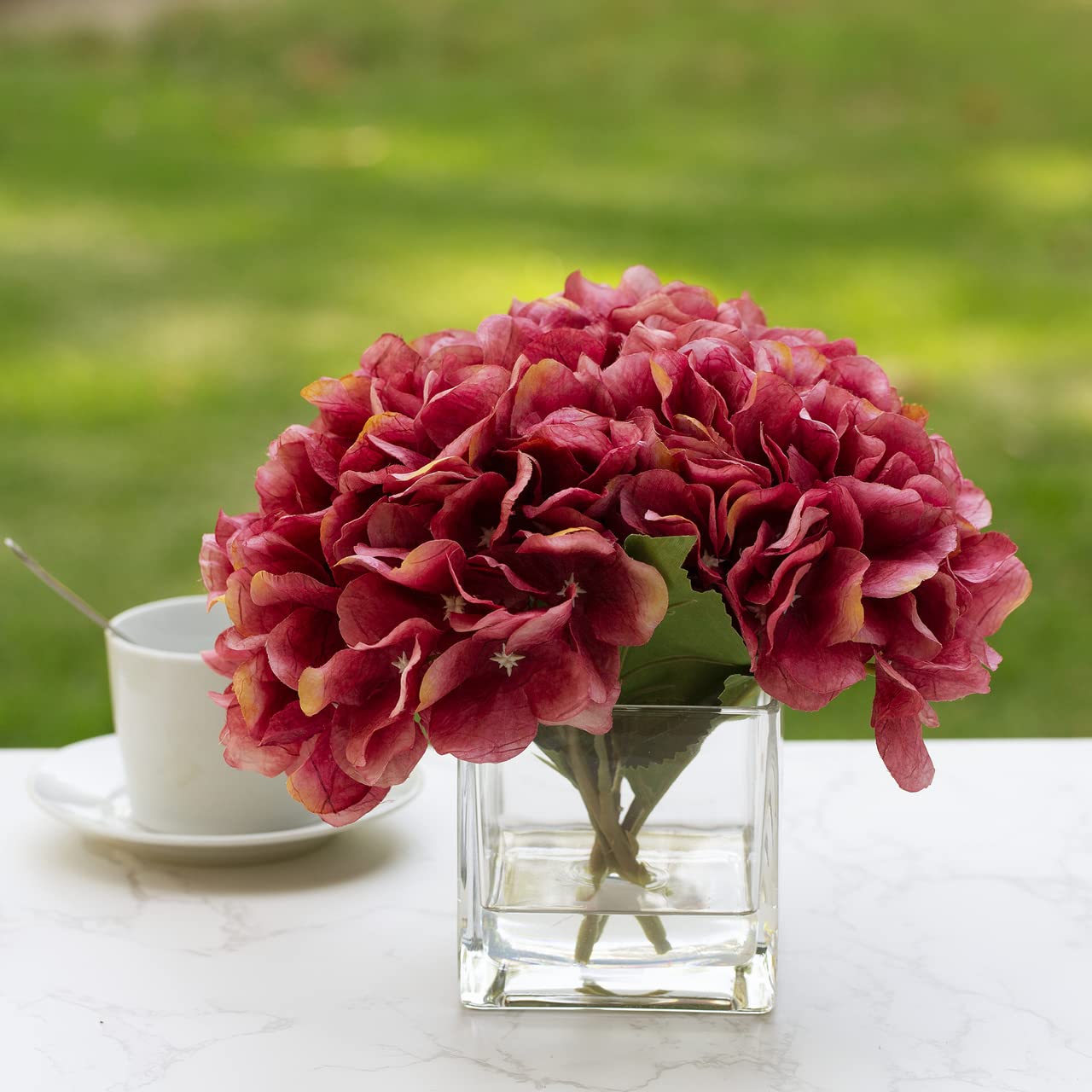 ENOVA FLORAL Artificial Silk Hydrangea Flowers in Vase with Faux Water - Fuchsia Fake Floral Arrangement for Home Decor, Dining Table Centerpiece, Wedding & Event Decoration - Perfect for Living Room, Office, and Party Decor