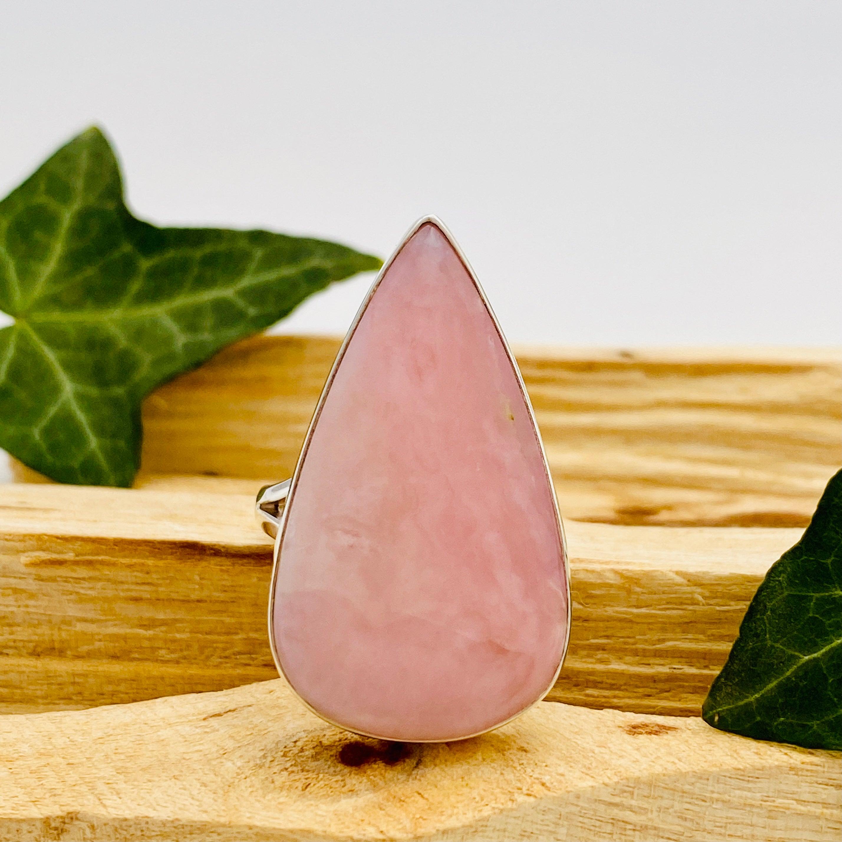 Natural Pink Opal Teardrop Cabochon Ring with Split Band - Size 9 - KRGJ1589 - Perfect for Boho Jewelry, Wedding Accessories & Everyday Elegance