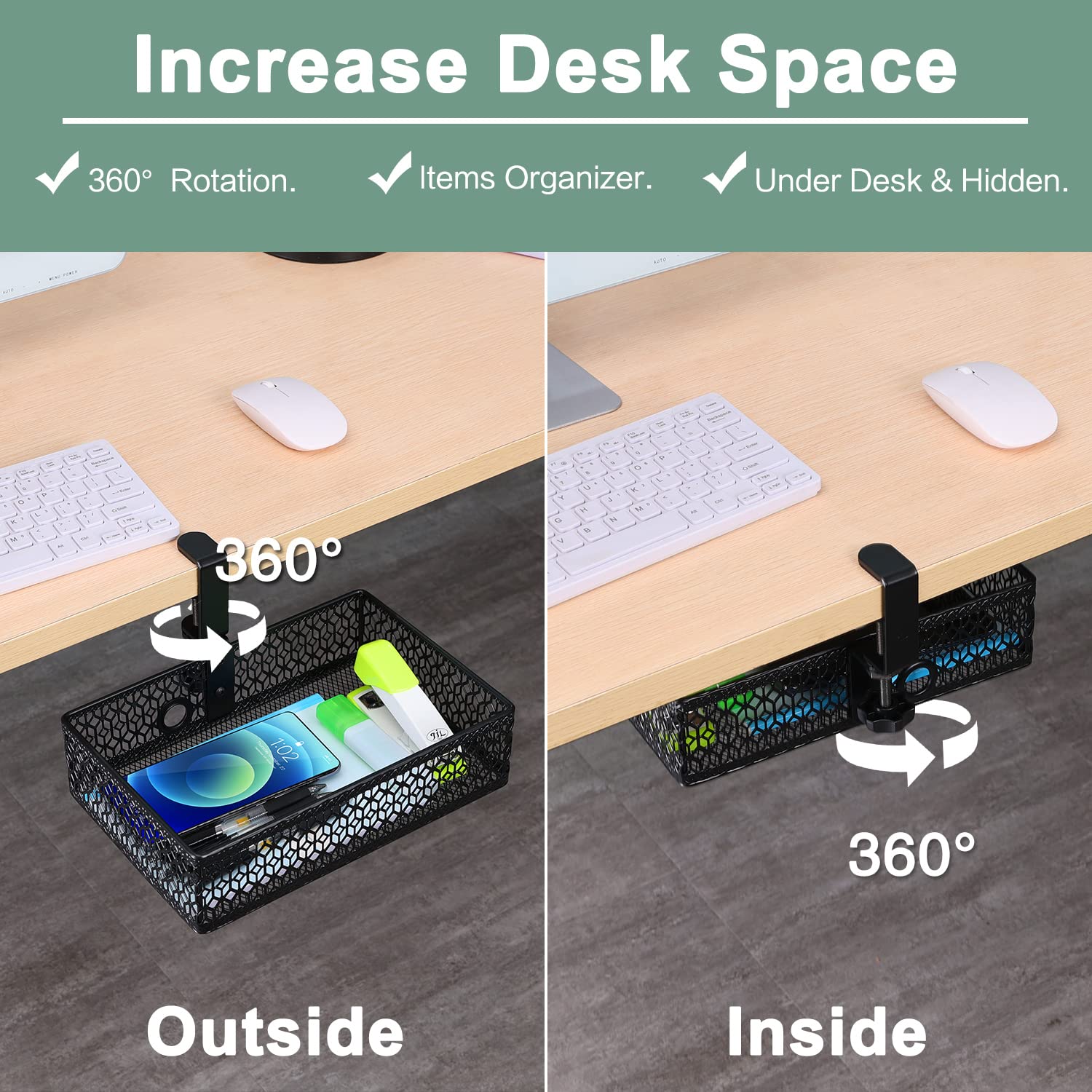ROSYLINE Under Desk Drawer Organizer - Clamp On Desk Storage Basket, Hanging Mount Tray for Office, Home & Dorm - Space Saving Black Under Desk Organizer for Files, Stationery & Office Supplies