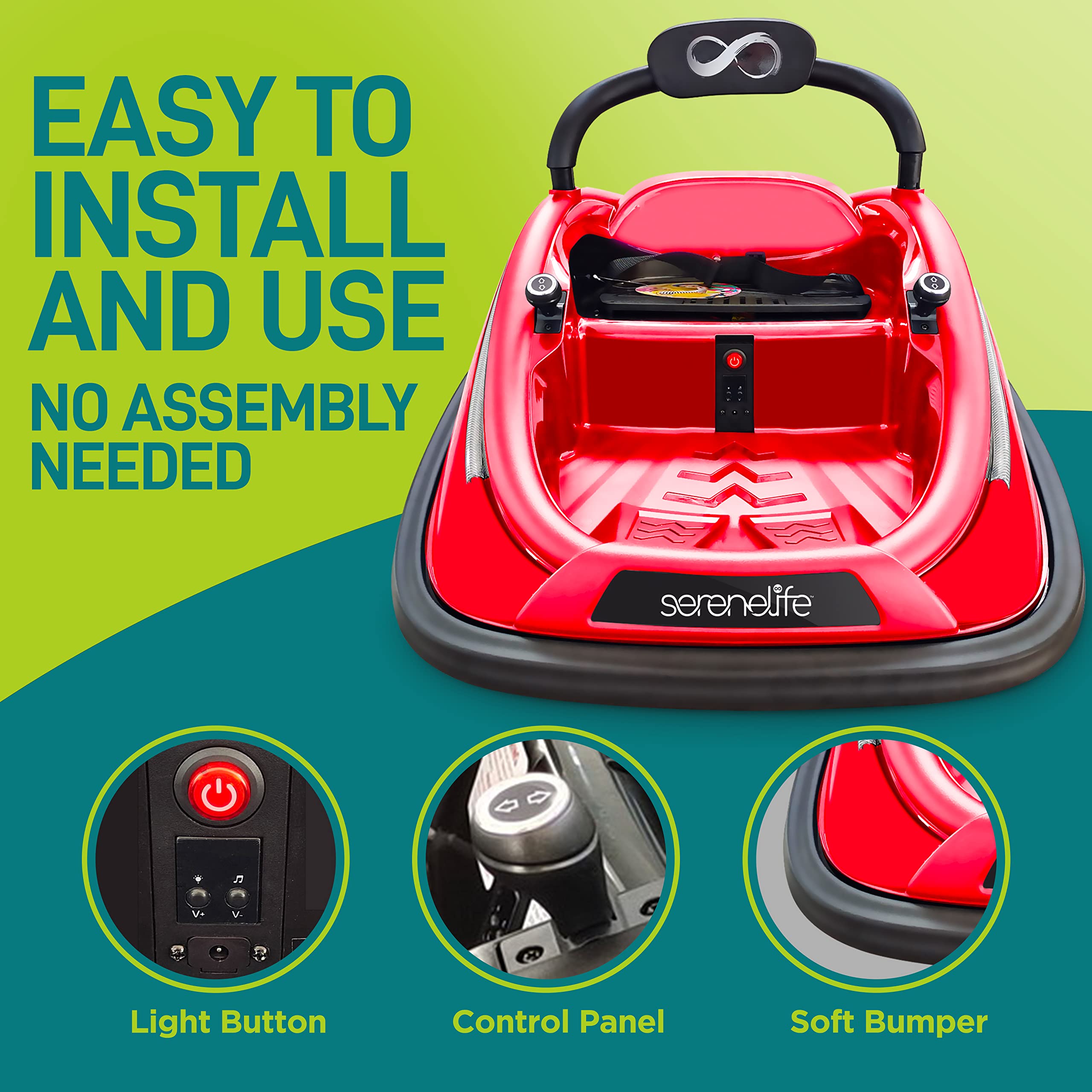 SereneLife 12V Electric Bumper Car for Kids with Remote Control - 360° Spinning, LED Lights & Safety Belt | Toddler Ride-On Toy for Ages 3-8 Years | Perfect for Indoor Playrooms, Backyard Fun & Birthday Parties