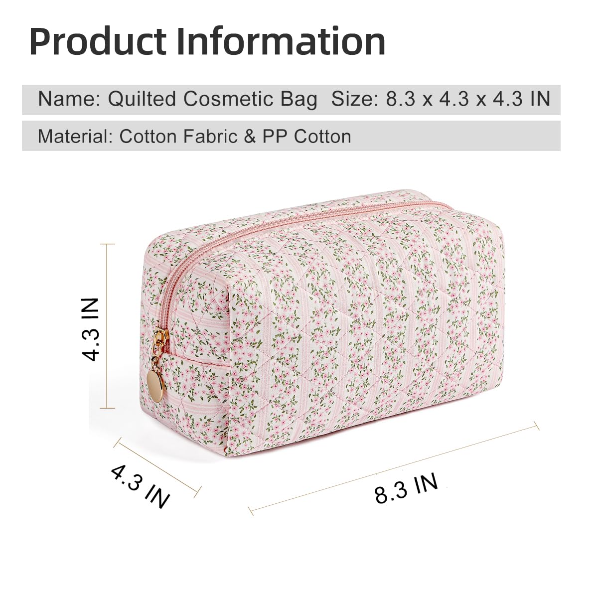 Gleyemor 2-Piece Set (Large + Small) Quilted Makeup Bag for Women - Floral Cosmetic Organizer, Travel Toiletry Bag, Cotton Tote Pouch (Pink Floral) | Perfect for Travel, Daily Makeup Storage & Gift Giving