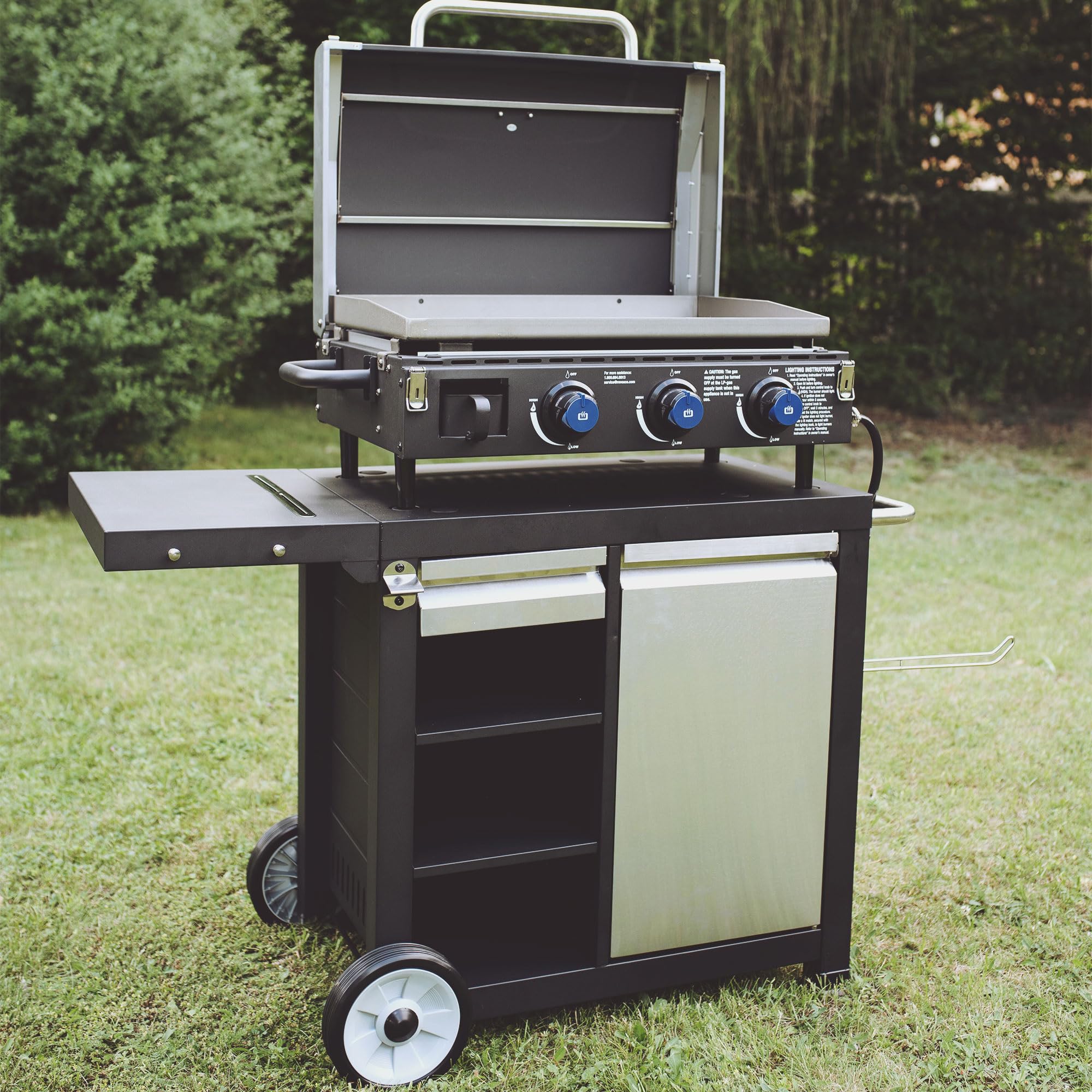 Universal Rolling Prep Cart with Shelves & Storage Drawer for Outdoor Griddles & Grills - Portable Kitchen Organizer for BBQ, Camping & Backyard Cooking (Black)