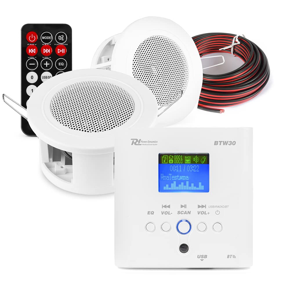 PD CSBA3L Compact Bluetooth Ceiling Speaker System with PD BTW30 Wall Amplifier - 3-Inch Small Ceiling Speakers, Stereo Audio Kit for Home & Office - FM/USB, Easy Installation - Perfect for Kitchen, Bedroom, Office & Commercial Spaces