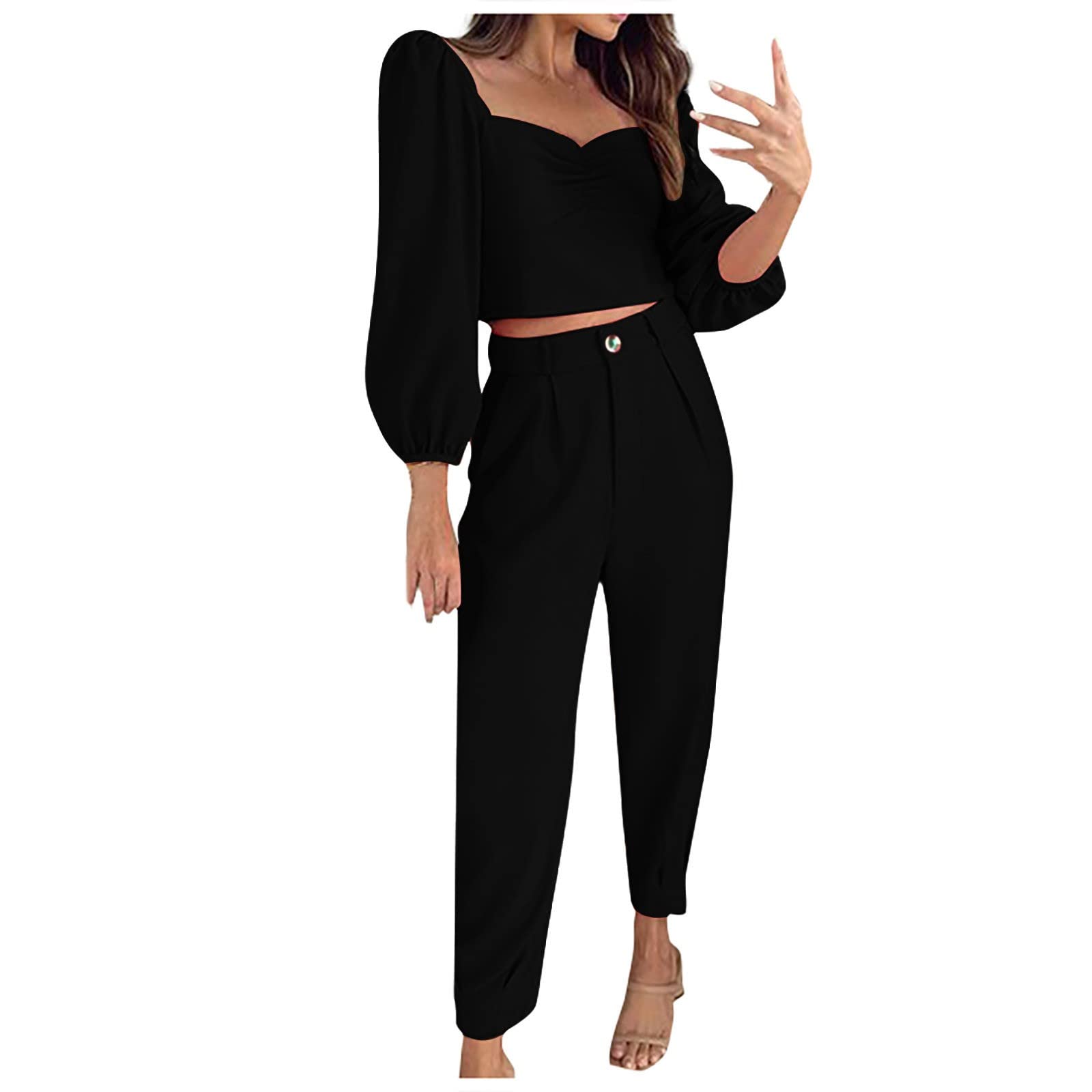 Sexy Women's Plain Color Tube Top & Cropped Pants 2-Piece Outfit Set - Long Sleeve Shirt & High Waist Trousers for Party, Club, Date Night & Casual Wear