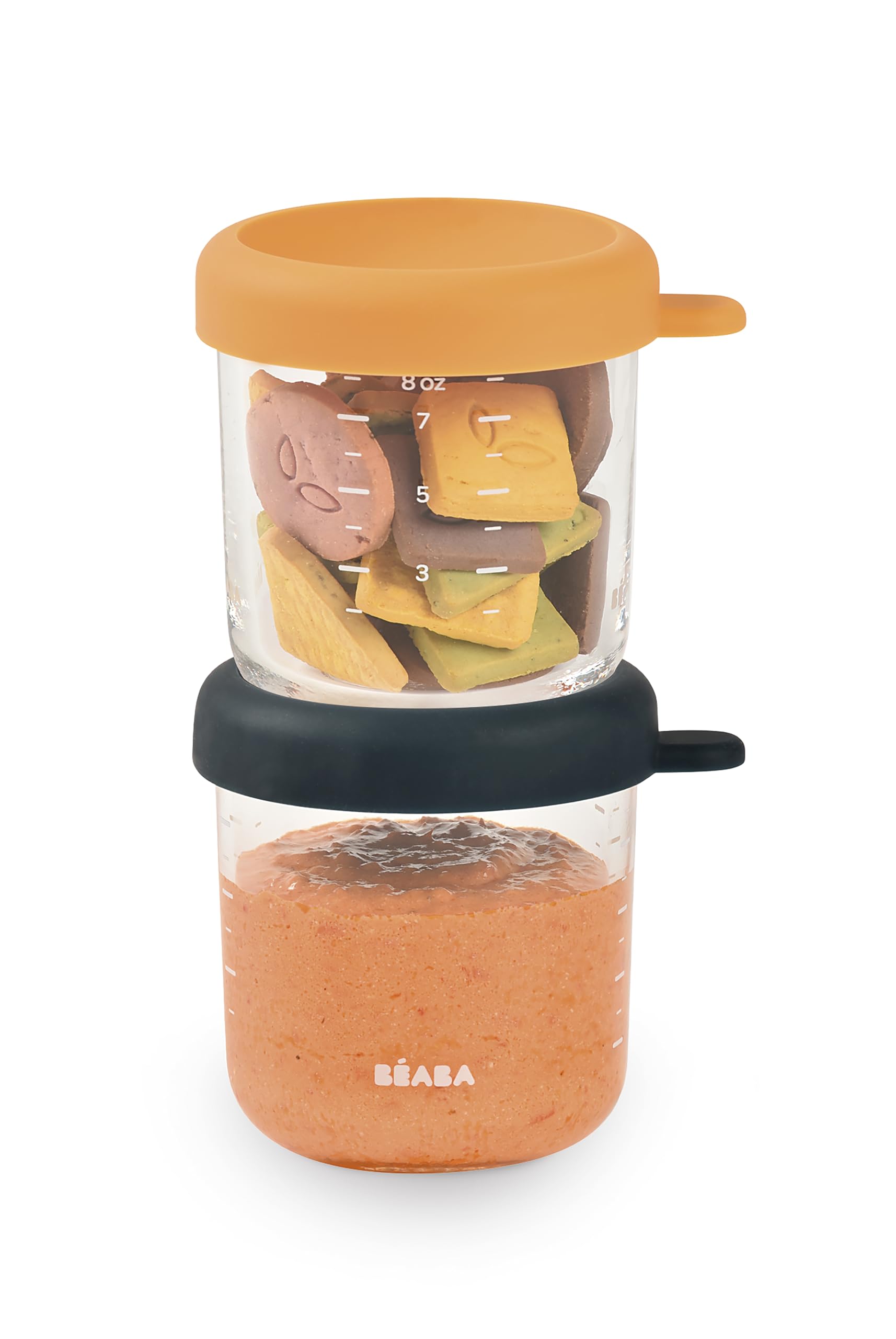 Beaba 2-Pack 8 oz Glass Baby Food Storage Jars with Soft Silicone Airtight Lids - Microwave & Freezer Safe Containers for Homemade Purees, Snacks & Meal Prep - Midnight Blue