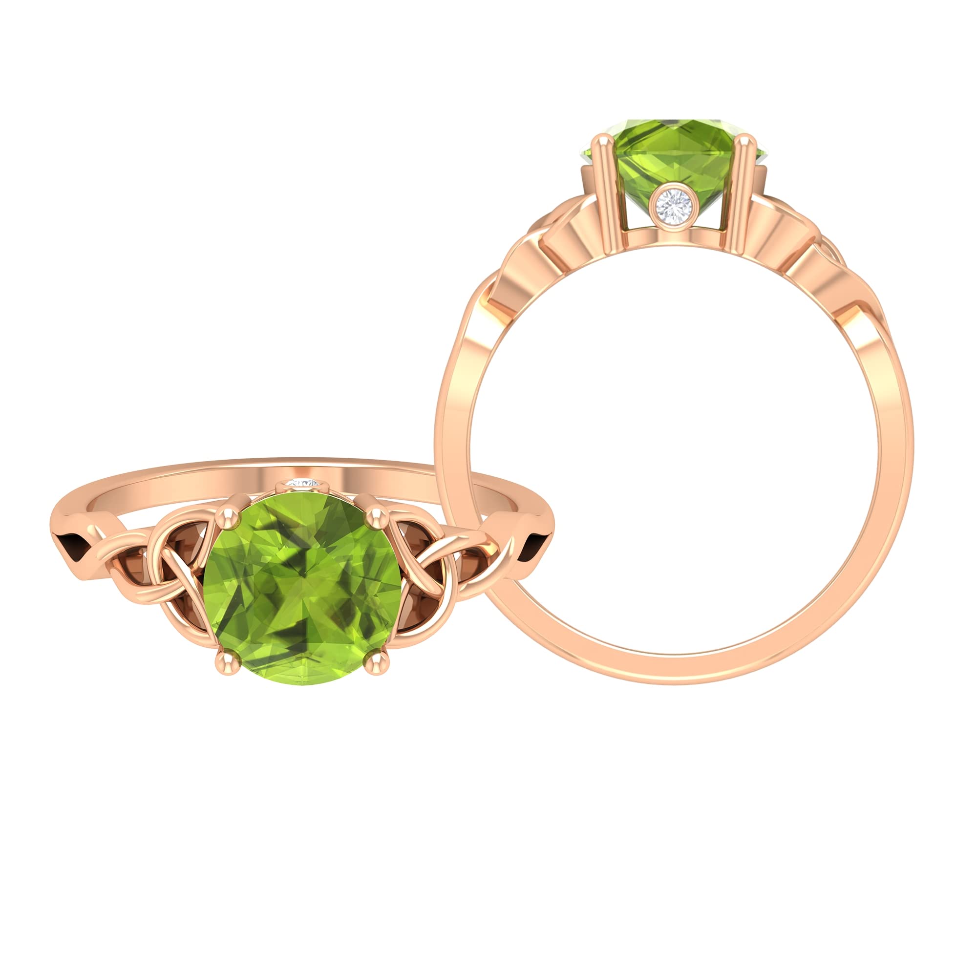2 CT Natural Peridot & Moissanite Solitaire Ring for Women - 14K Solid Gold Celtic Engagement Ring with 8mm Round Cut August Birthstone | Perfect for Weddings, Anniversaries & Special Occasions