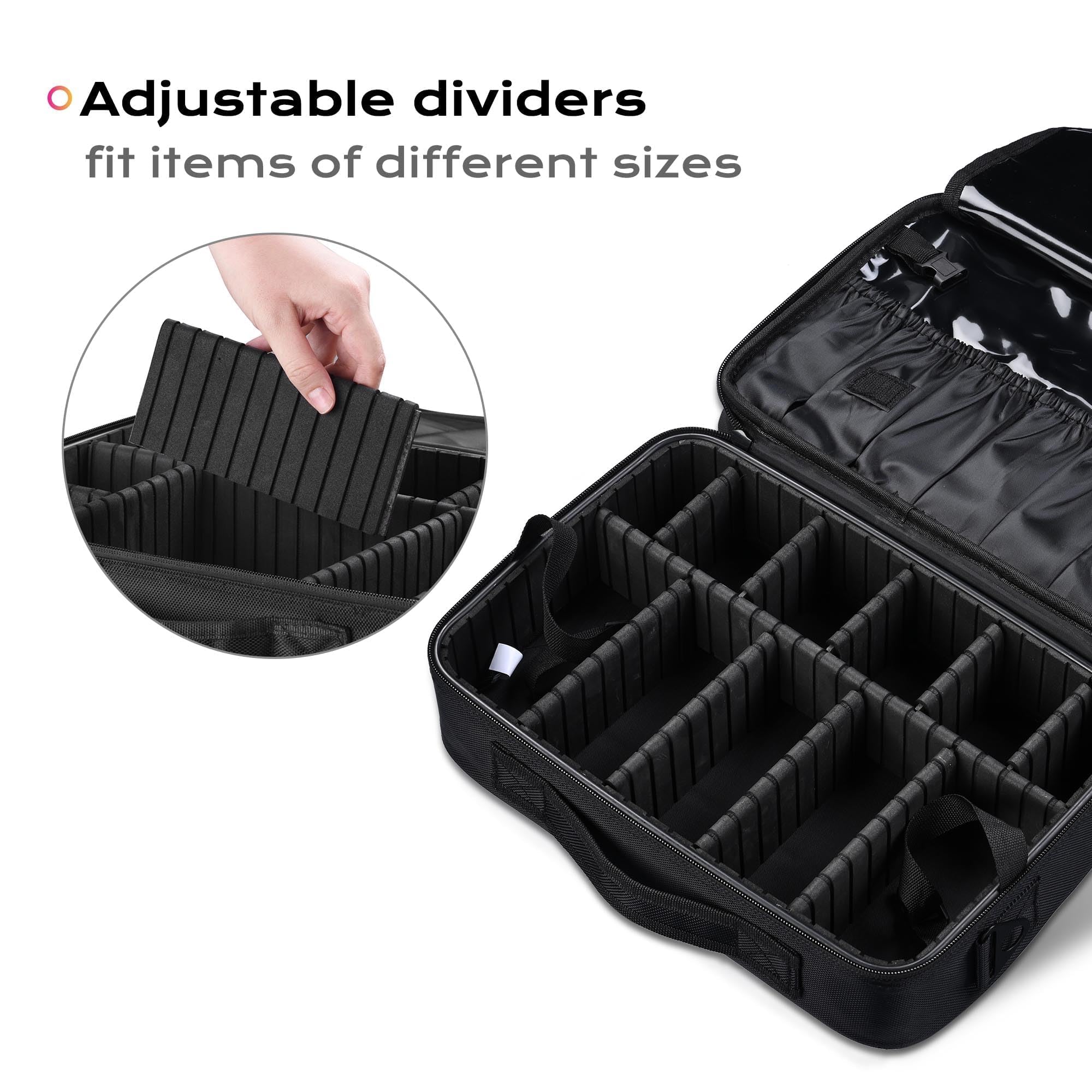 AW Medium Travel Makeup Bag with Adjustable Dividers & Shoulder Strap - Portable Cosmetic Organizer for Brushes, Makeup & Toiletries - Perfect for Backpacking, Train Travel & Daily Use (Black)