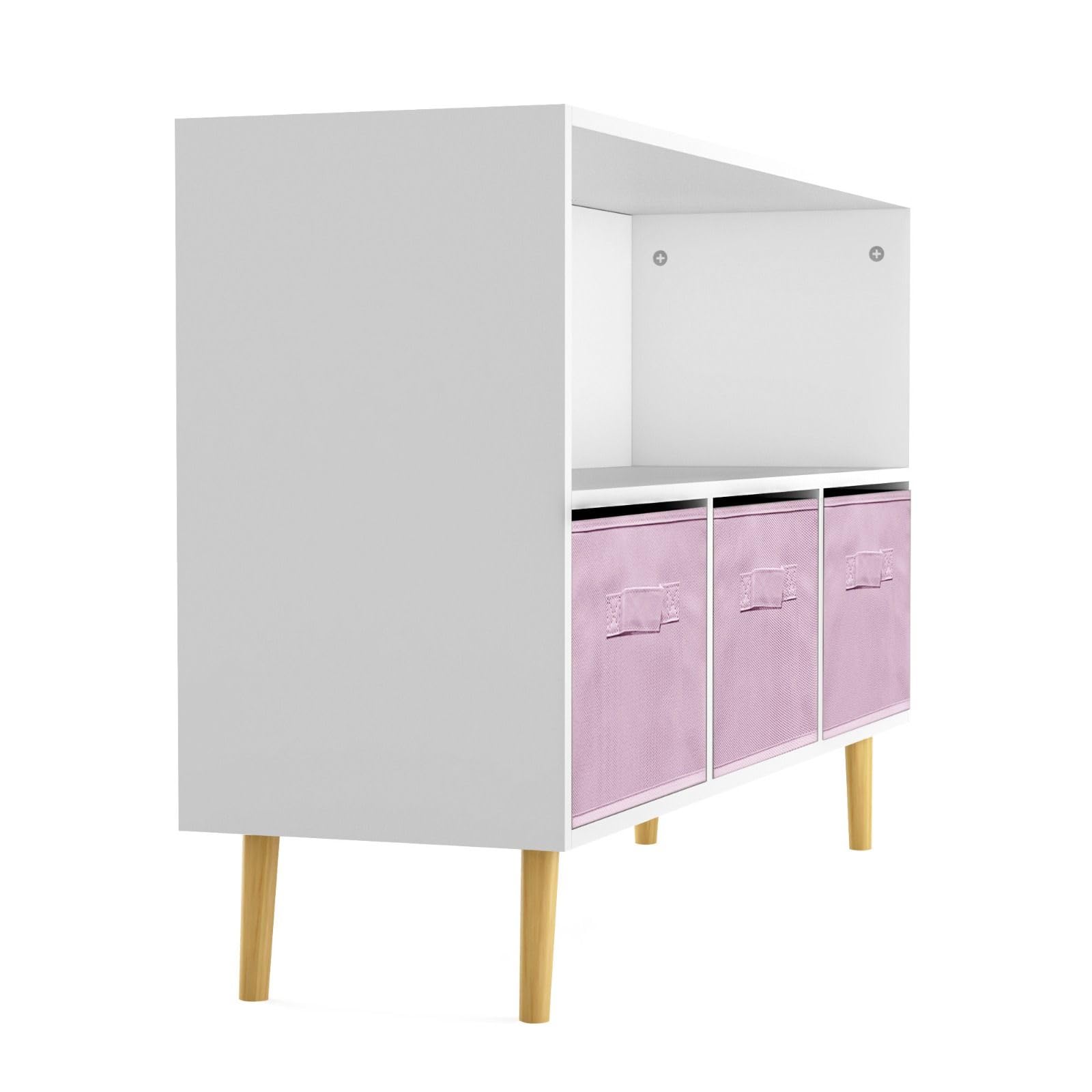 2-Shelf Bookcase with 3 Fabric Storage Bins - Wooden Storage Organizer with Pine Legs for Nursery, Bedroom & Living Room - Perfect for Kids' Toys, Books & Home Decor Organization