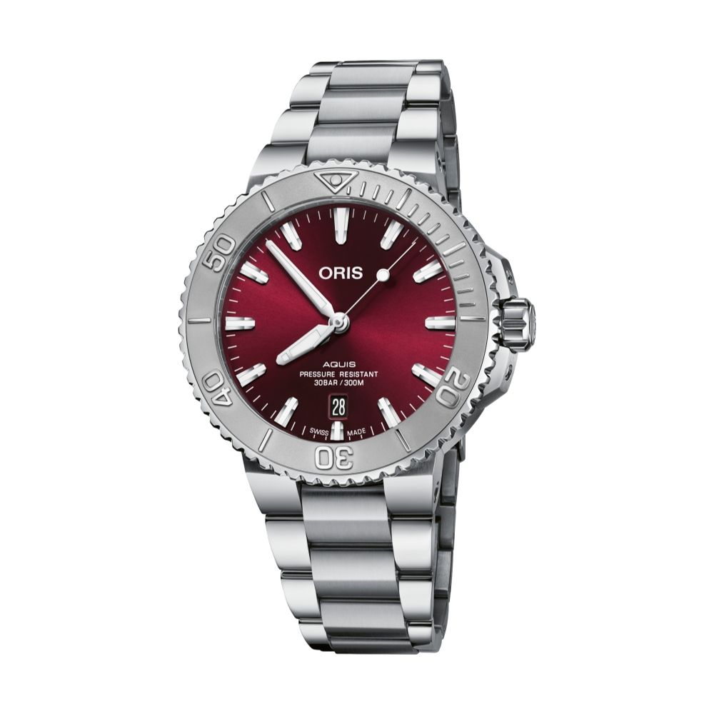Aquis Date Relief 41.5mm Automatic Men's Watch - Red Dial on Stainless Steel Bracelet for Diving, Swimming & Water Sports