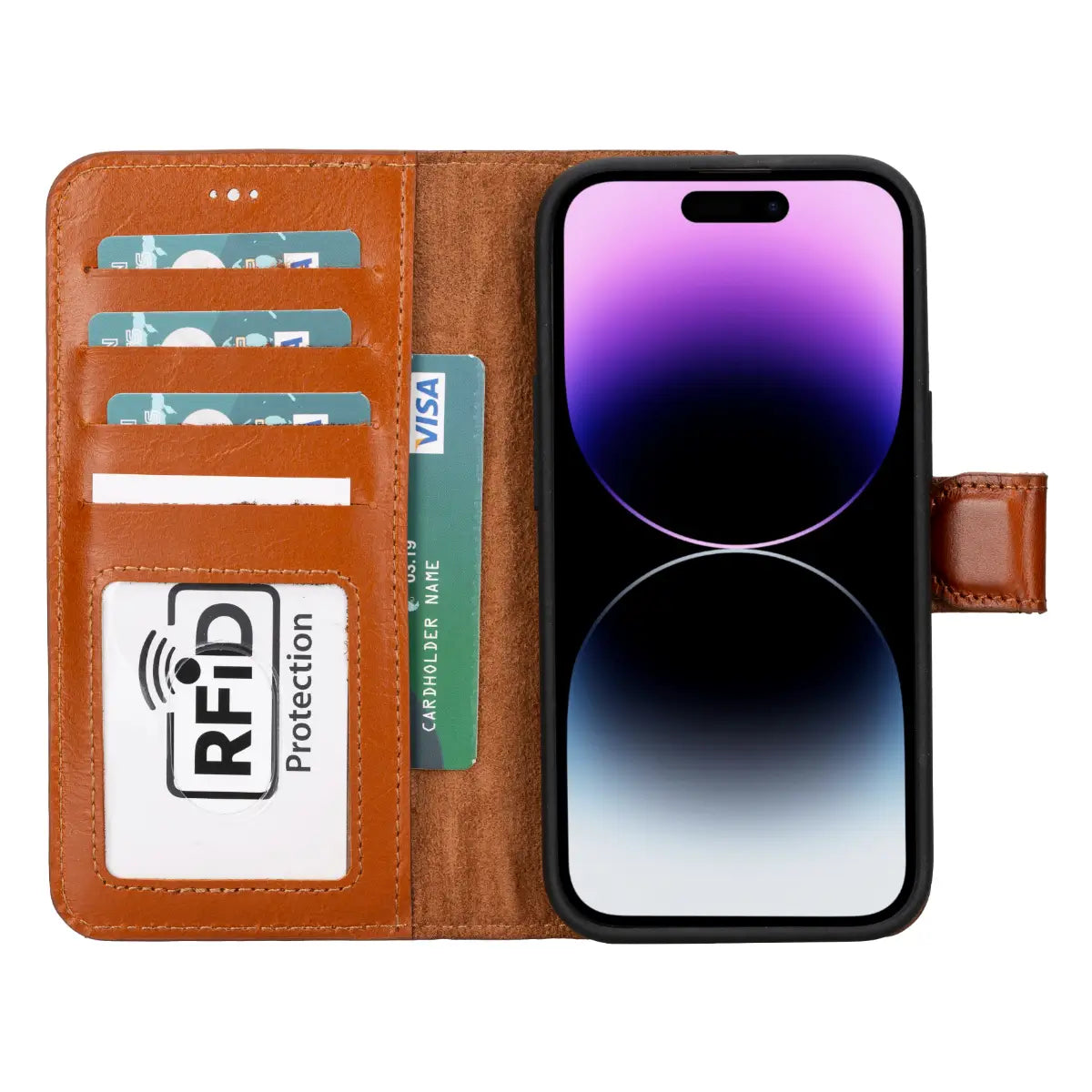 Premium Burnished Tan Leather Wallet Case for iPhone 15 - Slim RFID Blocking Phone Cover with Card Slots | Perfect for Everyday Use, Travel & Business Meetings