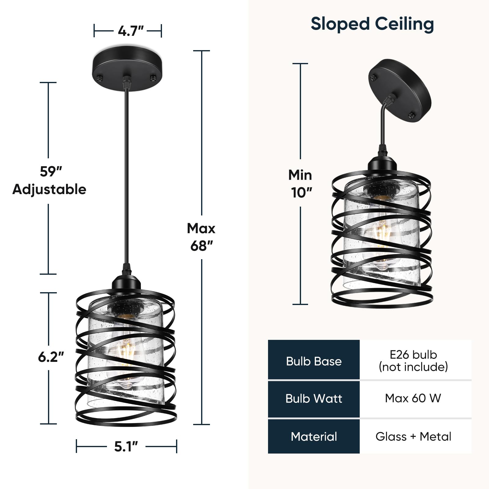 3 Pack Black Adjustable Industrial Pendant Lights for Kitchen Island - Modern Seeded Glass Shade Hanging Lighting Fixtures - Perfect for Kitchen, Dining Room, Bar & Restaurant Decor