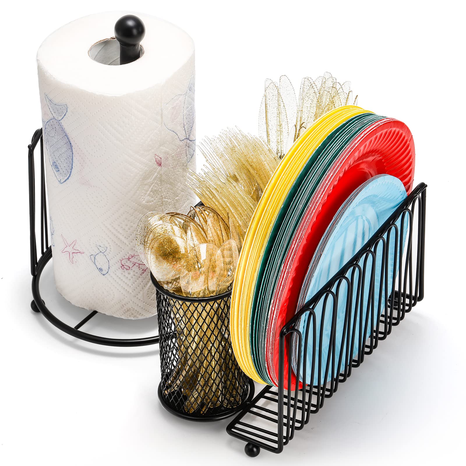 Elsjoy Stainless Steel Utensil Caddy with Paper Towel Holder - Picnic & Buffet Silverware Organizer for Plates, Cutlery & Flatware - Pull-Out Handle Design - Perfect for Outdoor Dining, Kitchen Storage & Party Serving