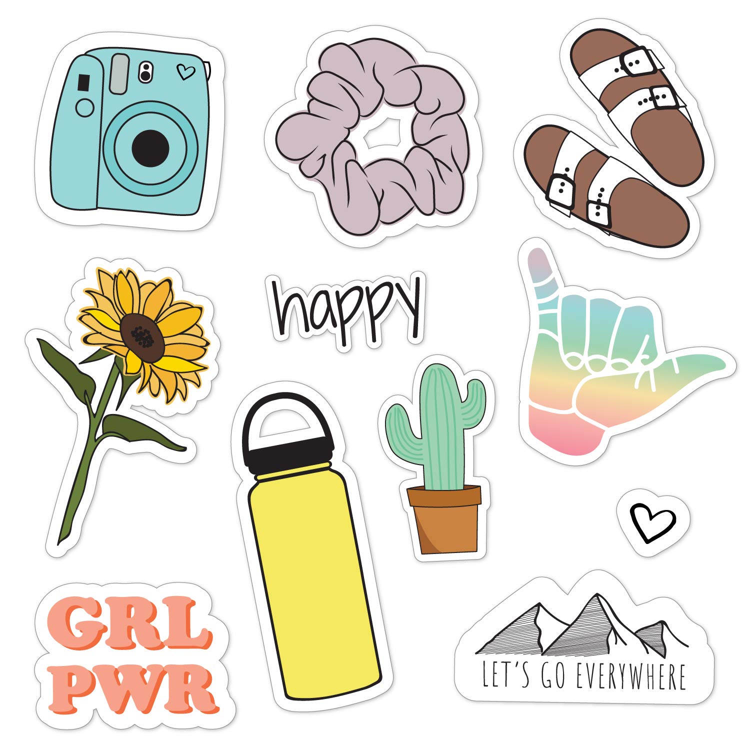 Let's Go Everywhere Cute VSCO Girl Stickers - 11 Pack Waterproof Vinyl Decals for Water Bottles, Laptops, Phones & More | Perfect for School, Travel & DIY Projects