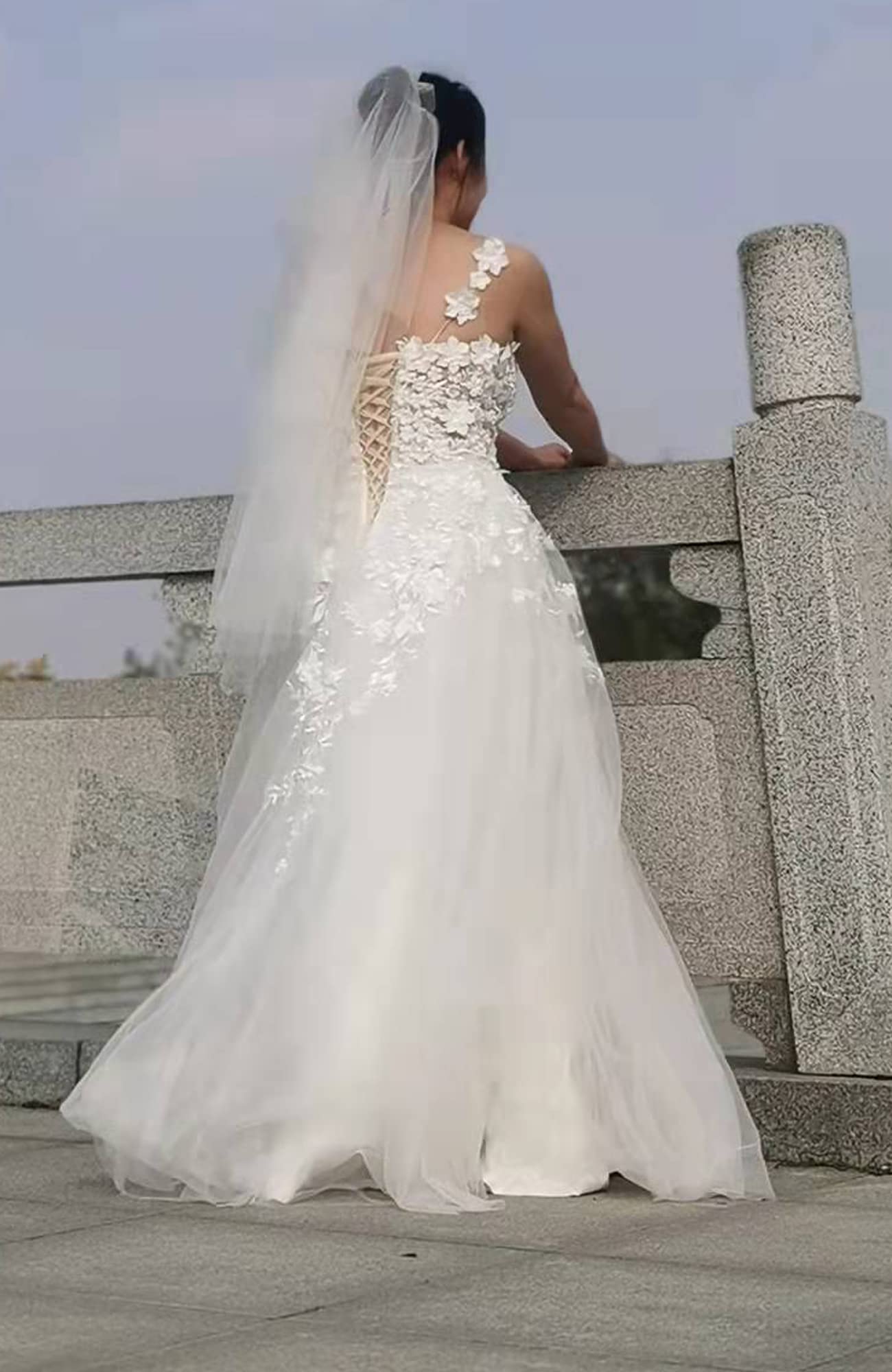 Elegant A-Line Lace Train Wedding Dress for Bride - Off Shoulder Strapless Long Tulle Gown with Applique Details | Perfect for Beach, Church, and Formal Wedding Ceremonies