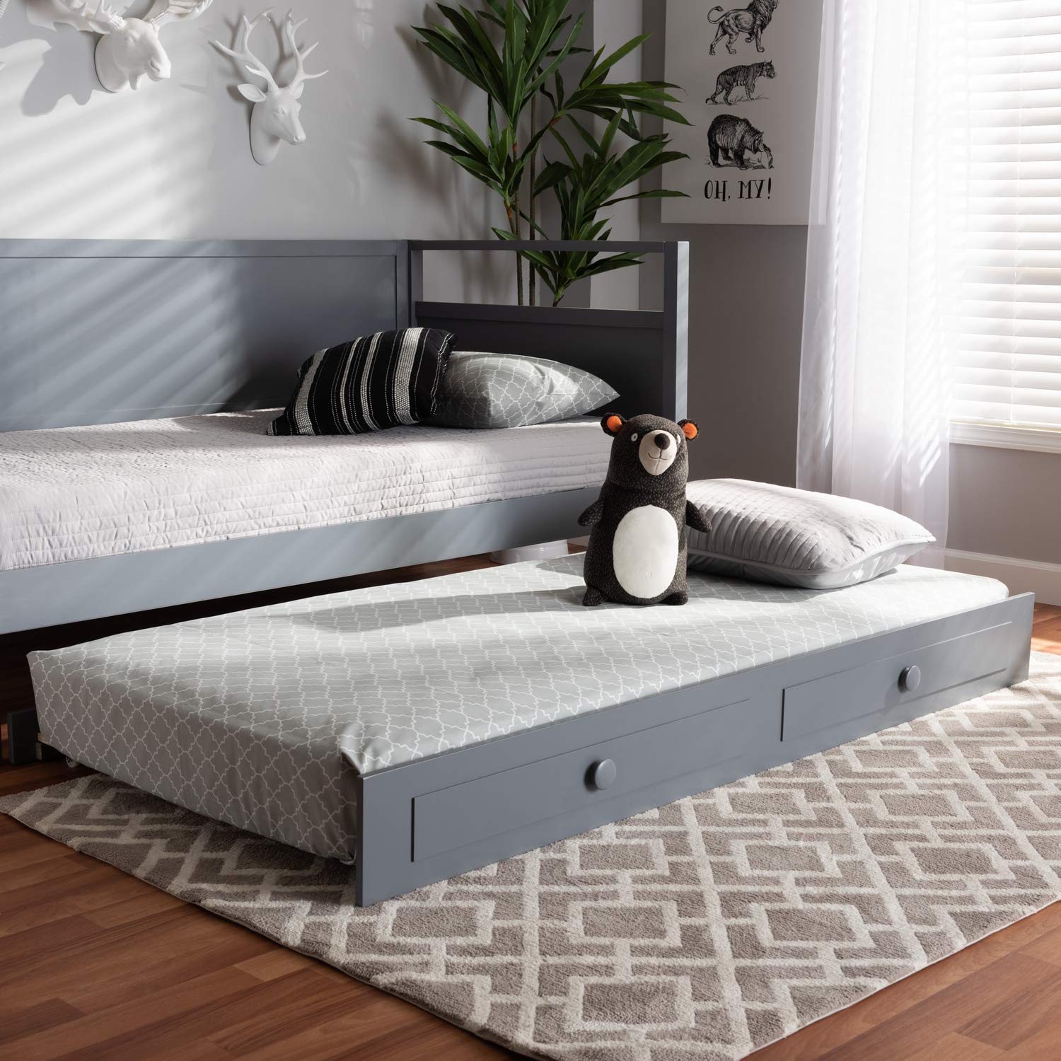 Baxton Studio Cintia Grey Wood Twin Size Bed with Trundle - Modern Wooden Daybed with Pull-Out Trundle for Guest Room, Small Space & Kids Bedroom