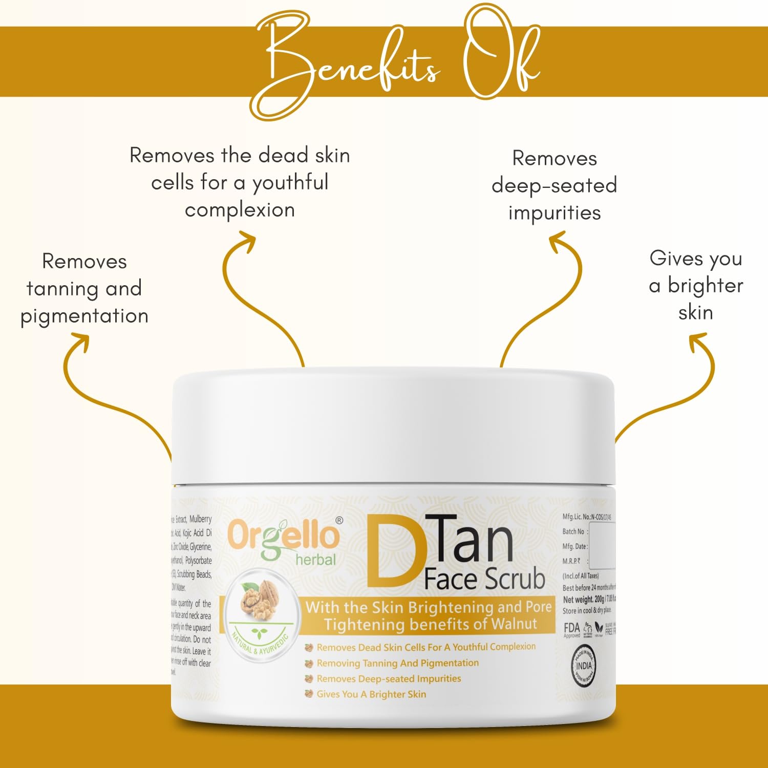 Orgello D-Tan Face Scrub for Men & Women - Natural Tan Removal & Pigmentation Treatment for Oily & Dry Skin | 200g Facial Exfoliator | Perfect for Daily Skincare Routine & Sun-Damaged Skin Repair