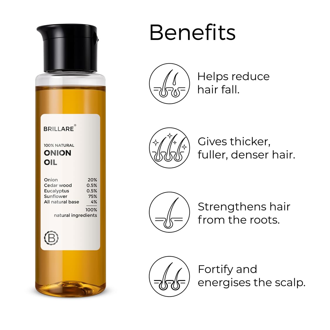 Brillare Onion Hair Oil with Cedarwood & Sunflower Oil - 100% Natural Hair Fall Control Treatment, Refreshing Fragrance, 100ml - Promotes Hair Growth & Reduces Breakage for Thicker, Healthier Hair (Perfect for Daily Hair Care & Scalp Massage)