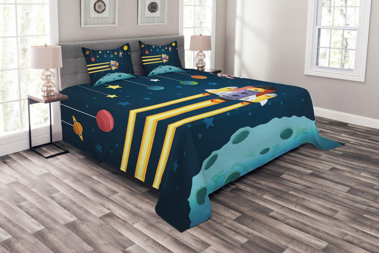Ambesonne Outer Space Bedspread Set | King Size 3-Piece Quilted Coverlet with 2 Pillow Shams | Rocket Ship, Astronaut & Planets Design | Dark Teal & Multicolor | Perfect for Space-Themed Bedrooms, Kids Rooms & Sci-Fi Decor