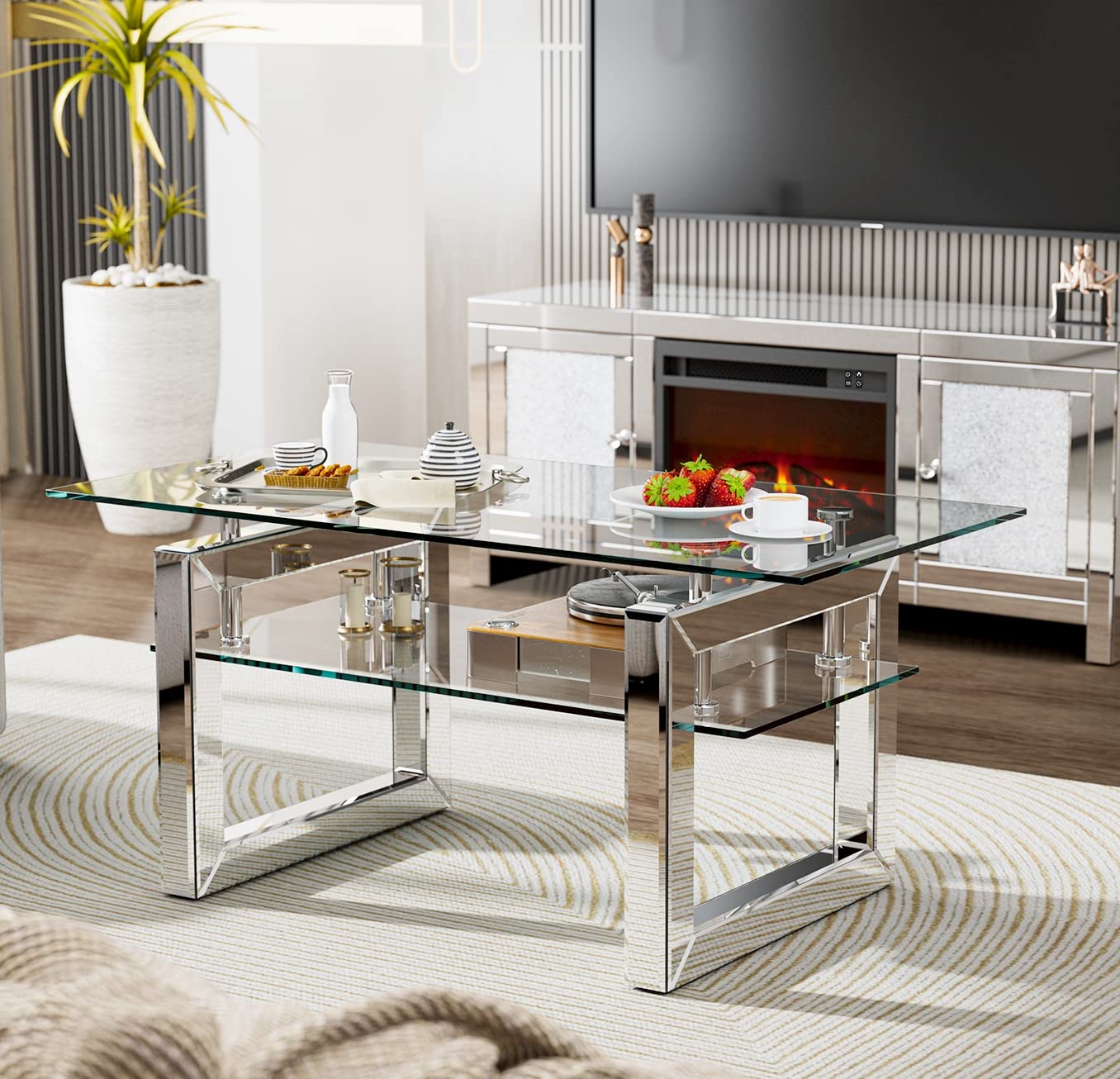 IKIFLY Modern Glass Coffee Table with 2-Tier Tempered Glass Shelves & Sturdy Metal Legs - Clear Rectangle End Table for Living Room, Office - Perfect for Coffee, Tea, and Displaying Decor Items