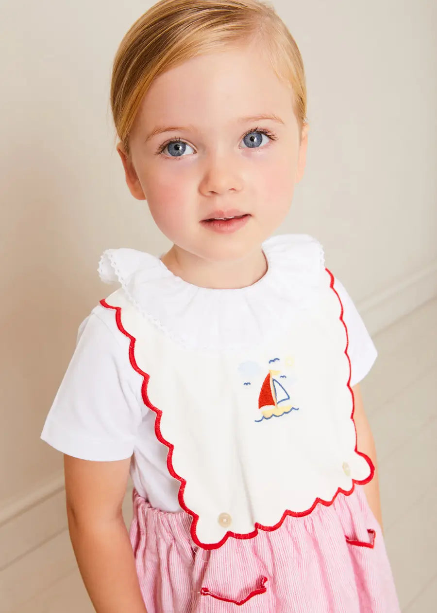 Lawrence Striped Boat Embroidered Scallop Detail Pinafore Skirt for Girls - Red (18 Months to 4 Years) | Perfect for Summer Outfits, Photoshoots & Special Occasions