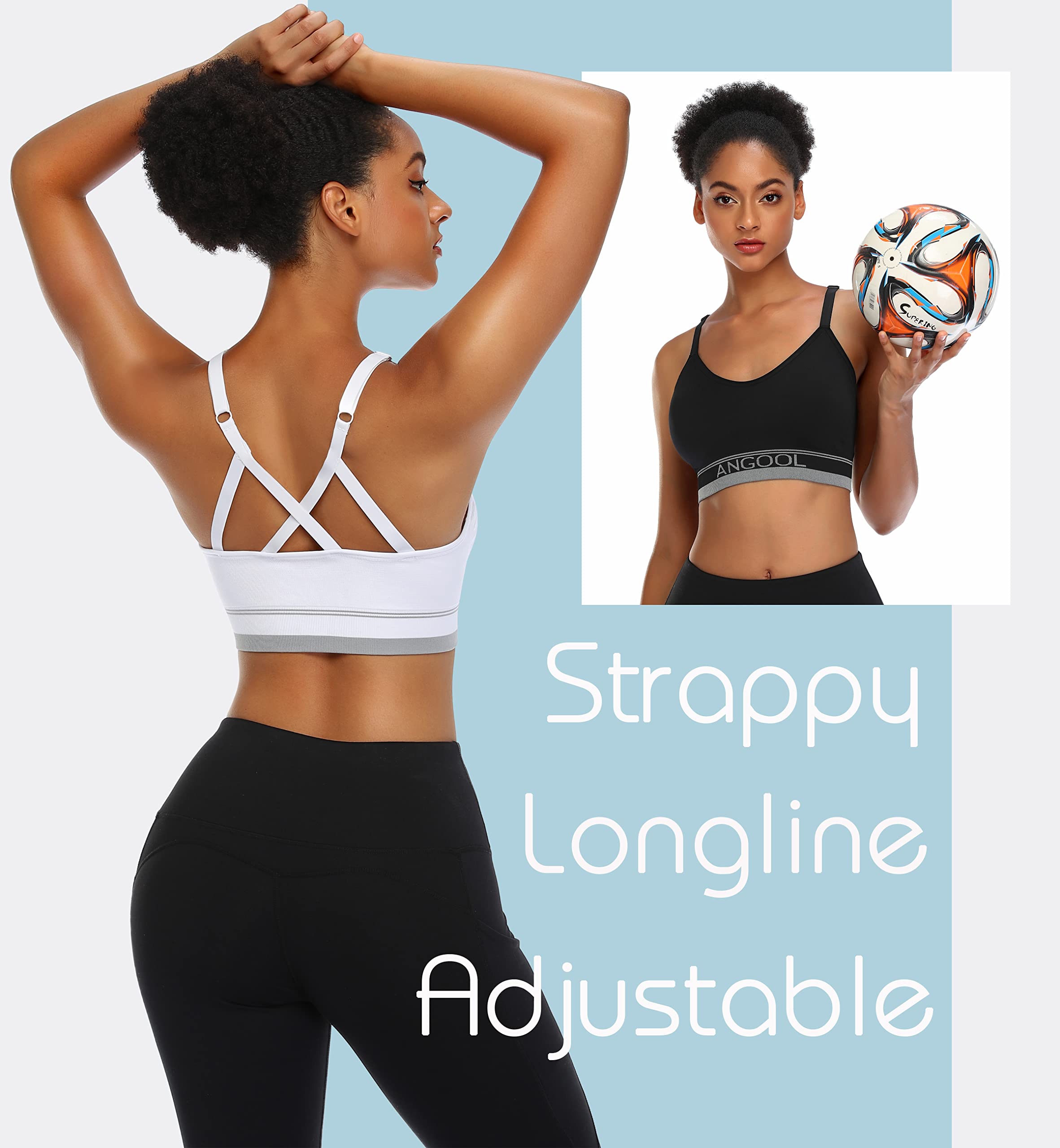 ANGOOL Women's Longline Medium Support Sports Bra - Wirefree Padded Yoga Bra with Adjustable Straps for Running, Gym & Workout