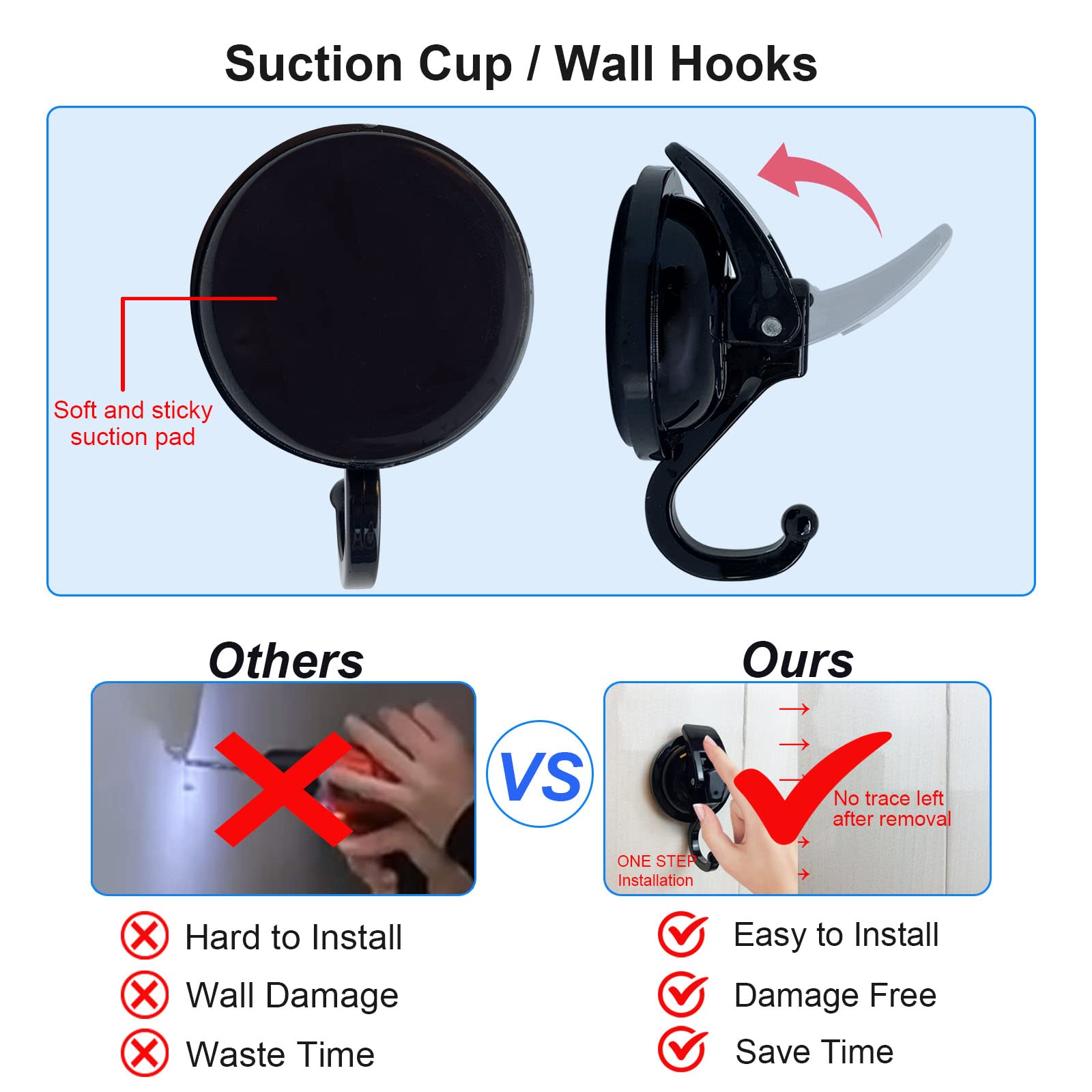 Heavy Duty Vacuum Suction Shower Hooks - 6 Pack Reusable Bathroom Hooks for Towels, Robes & Decor, No Drilling Needed, Strong Adhesive for Tile & Glass - Perfect for Shower Organization & Holiday Garland Hanging (Black)