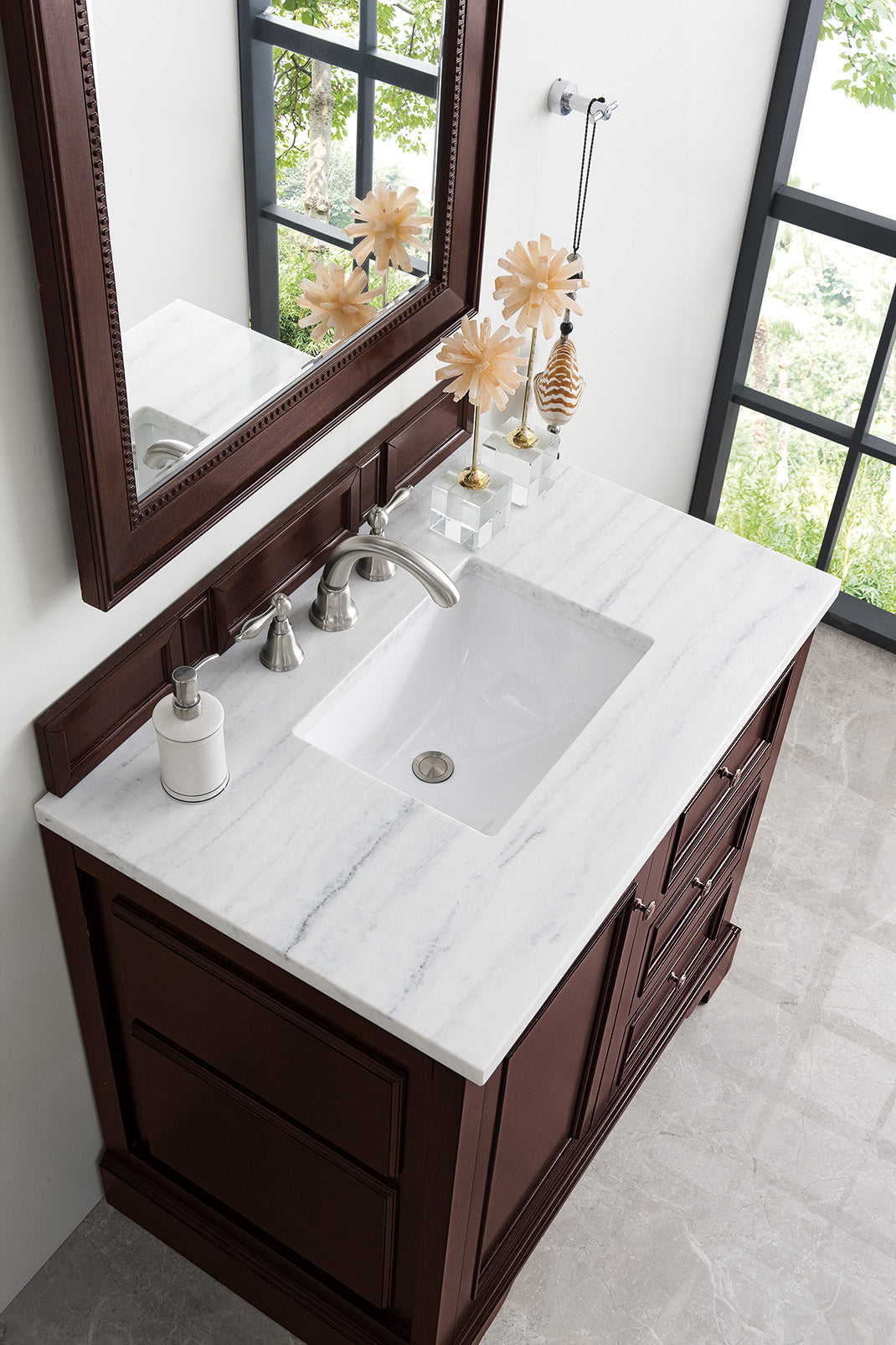 De Soto 36 Inch Single Bathroom Vanity with Burnished Mahogany Finish & 3CM Arctic Fall Solid Surface Top - Perfect for Modern Home, Apartment, or Guest Bathroom Renovation