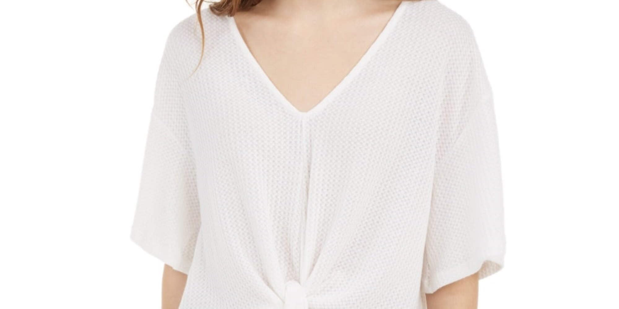Polly & Esther Junior's Tie Front Waffle Knit Top - Women's Casual White Blouse, X-Small | Perfect for School, Dating & Everyday Wear