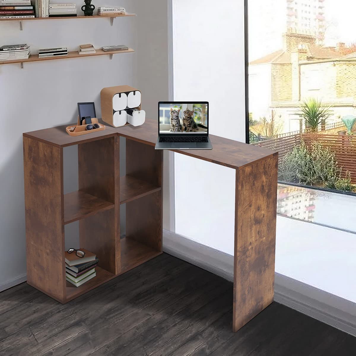 Modern Reversible L-Shaped Corner Computer Desk with Shelf - Rustic Brown Home Office Writing Desk for Teens, Small Spaces, Dorm Rooms & Compact Apartments