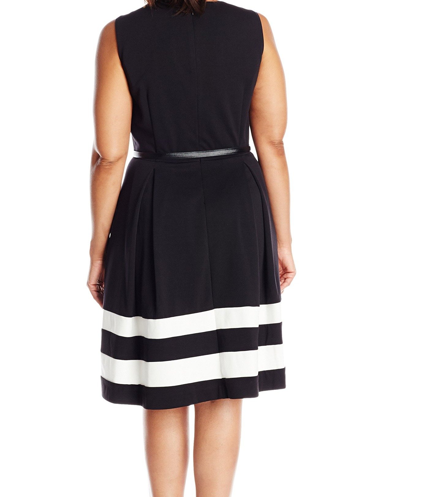 Calvin Klein Women's Plus Size Sleeveless Belted Fit & Flare Dress - Black/Ivory, Size 17/22 | Casual Summer Dress for Office, Party & Special Occasions