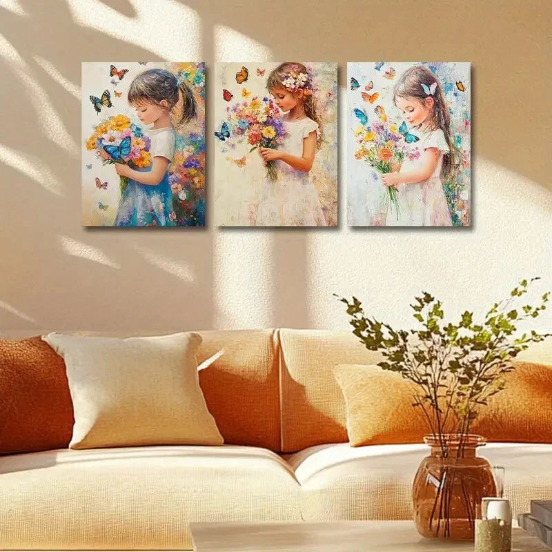 3-Piece Metal Wall Art Prints - Girl Holding Flowers Design, Ready to Hang Home Decor for Living Room, Bedroom & Office