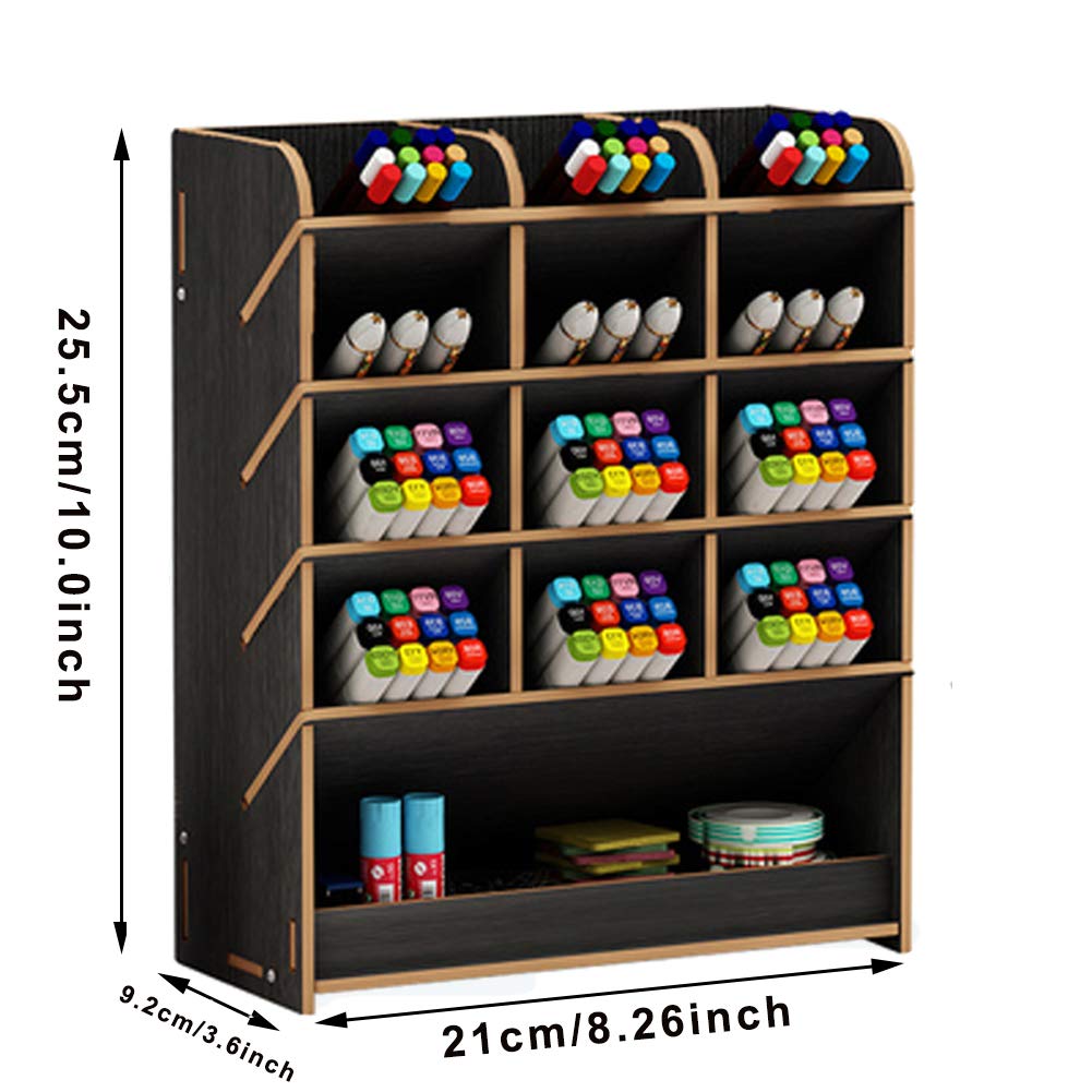 Marbrasse Wooden Pen Organizer - Multi-Functional DIY Pen Holder Box with Drawer, Desktop Stationery Organizer for Home Office & Art Supplies Storage, Easy Assembly (B12-Black) - Perfect for Organizing Pens, Pencils, Markers & Office Accessories on Your Desk